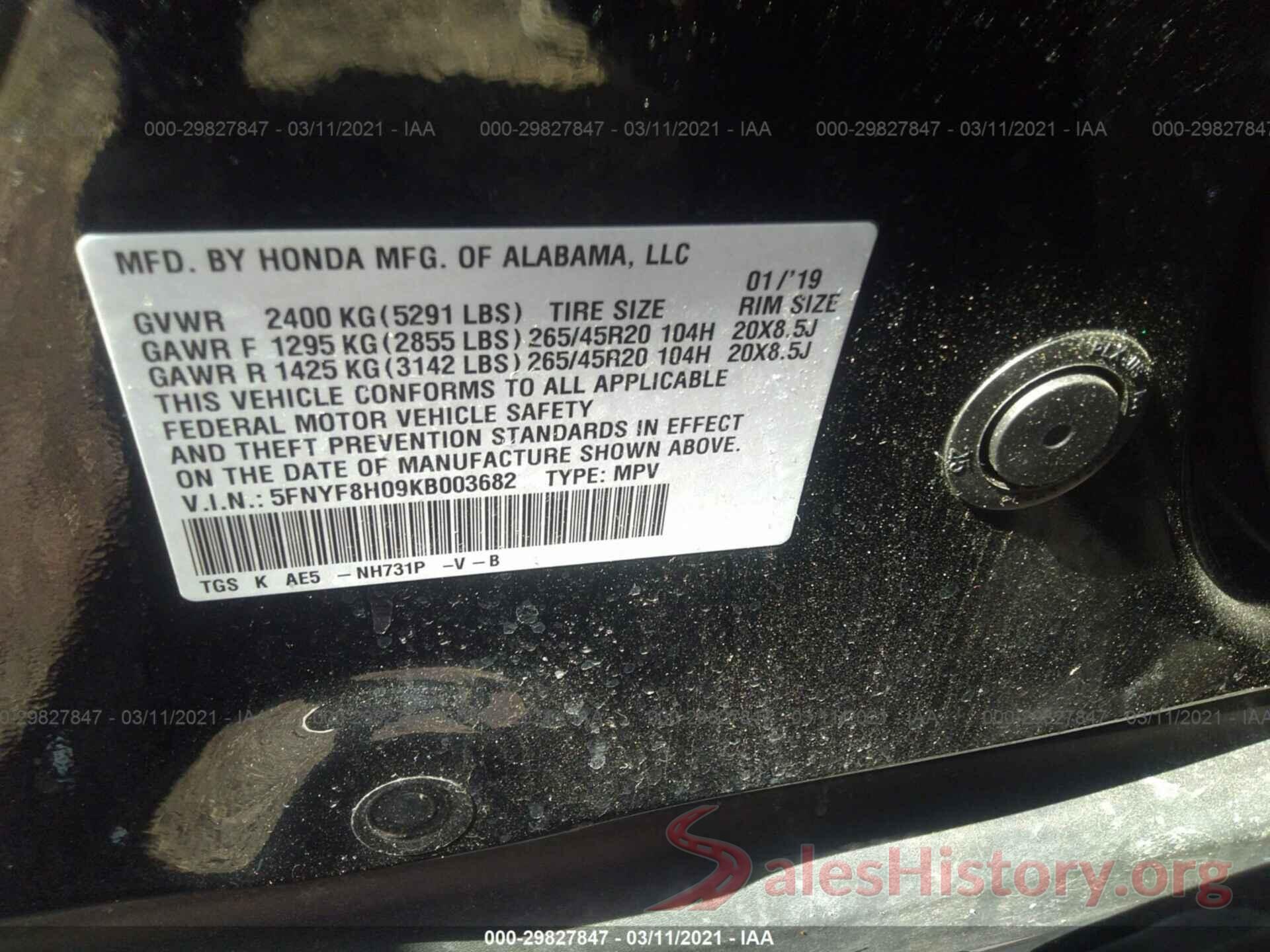 5FNYF8H09KB003682 2019 HONDA PASSPORT