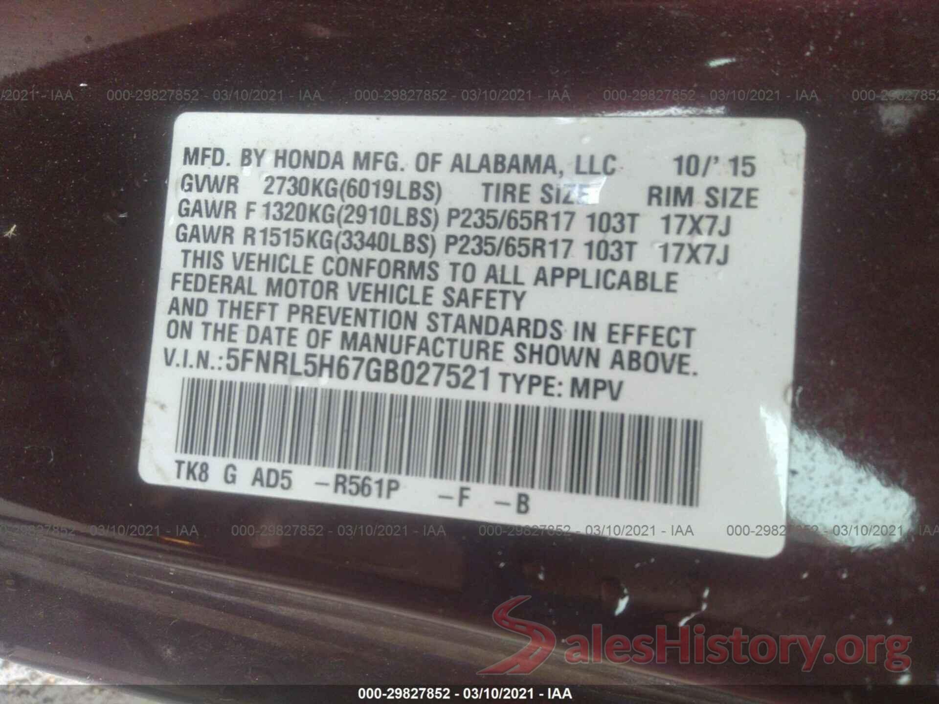 5FNRL5H67GB027521 2016 HONDA ODYSSEY