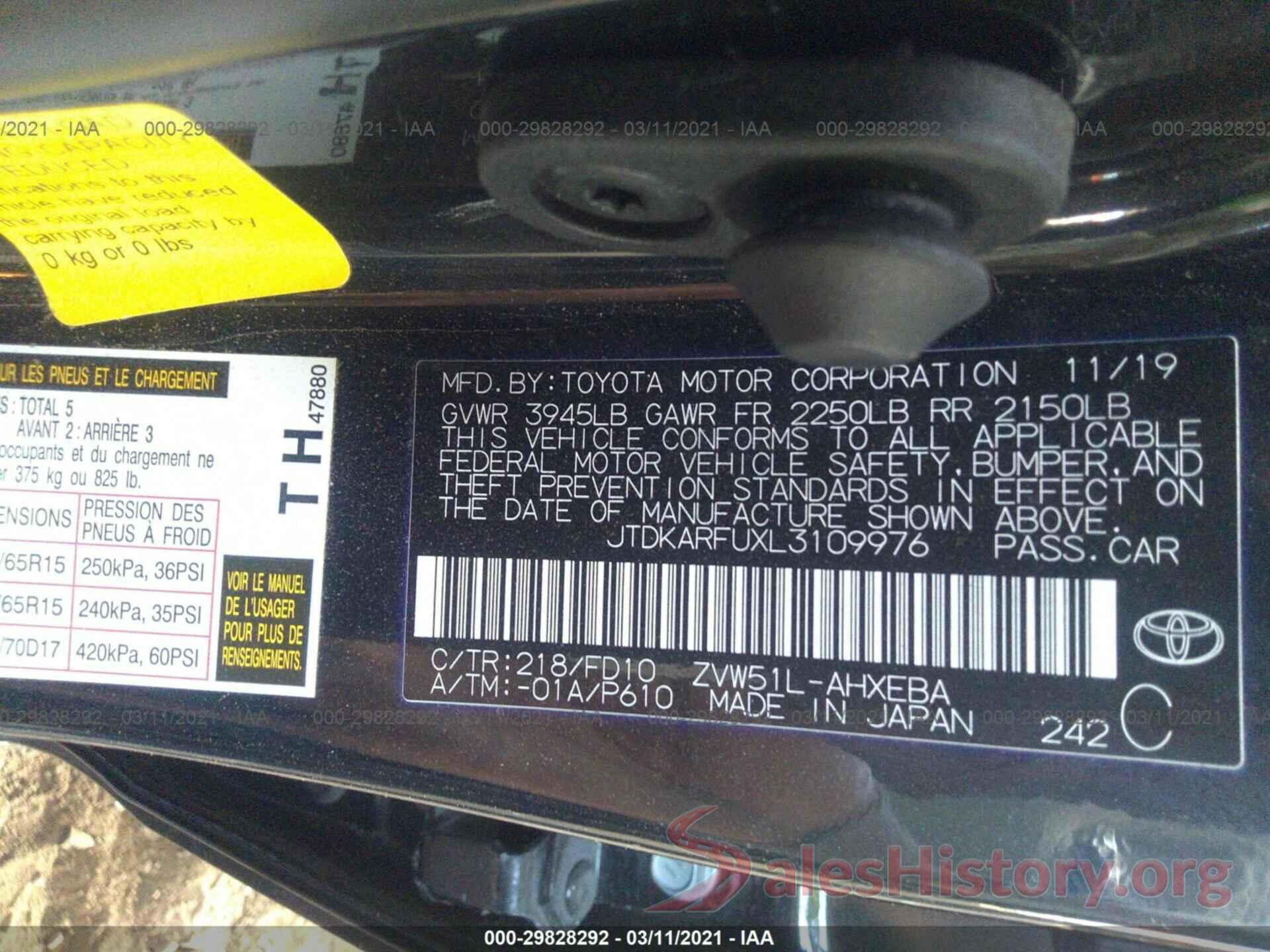 JTDKARFUXL3109976 2020 TOYOTA PRIUS