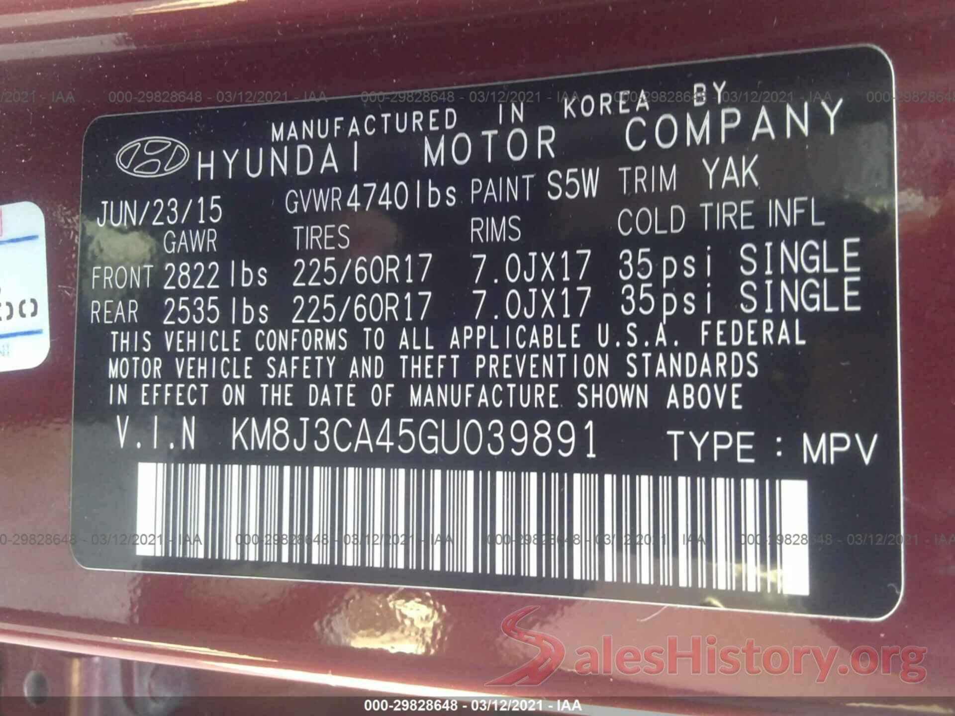 KM8J3CA45GU039891 2016 HYUNDAI TUCSON