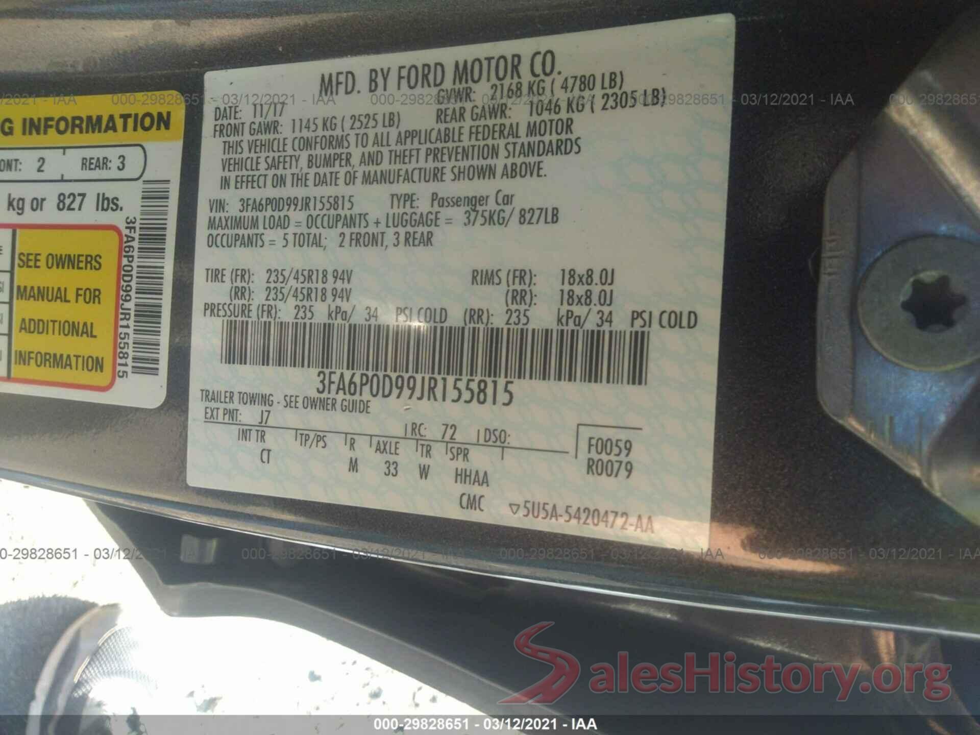 3FA6P0D99JR155815 2018 FORD FUSION