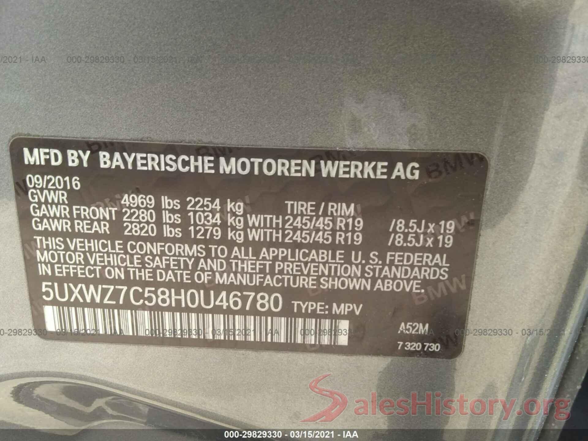 5UXWZ7C58H0U46780 2017 BMW X3