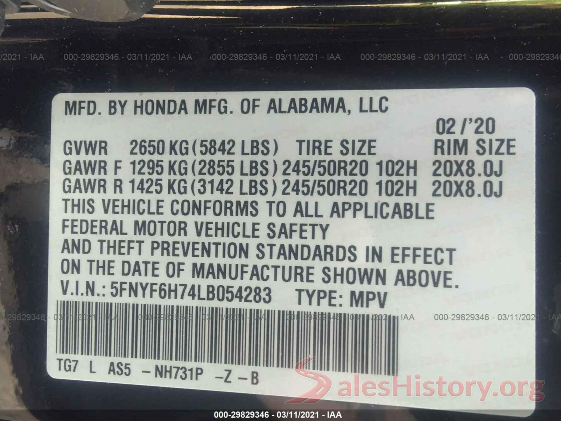 5FNYF6H74LB054283 2020 HONDA PILOT