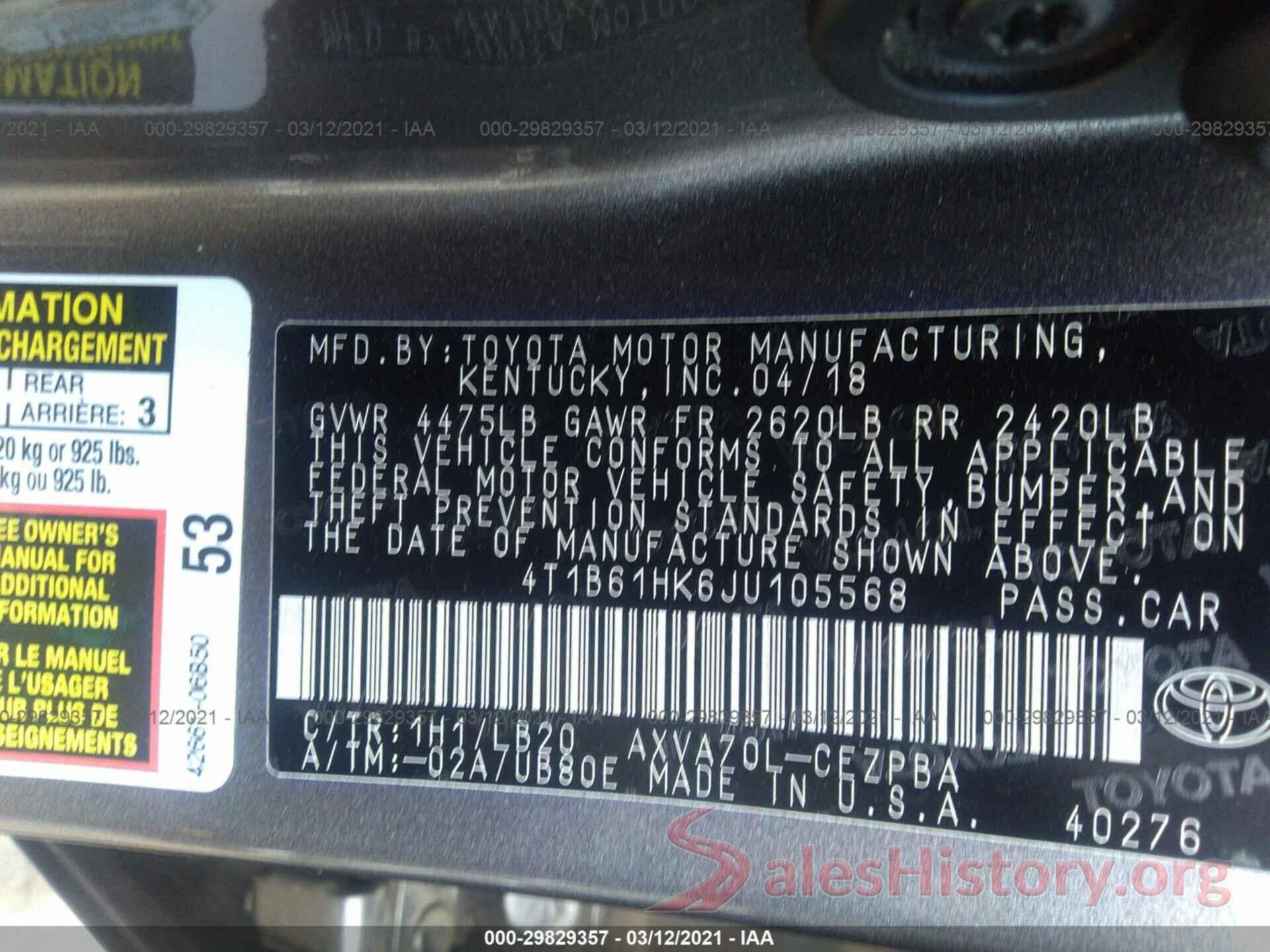 4T1B61HK6JU105568 2018 TOYOTA CAMRY