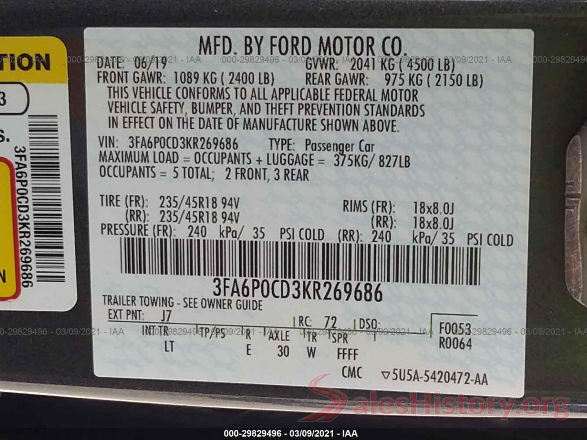 3FA6P0CD3KR269686 2019 FORD FUSION