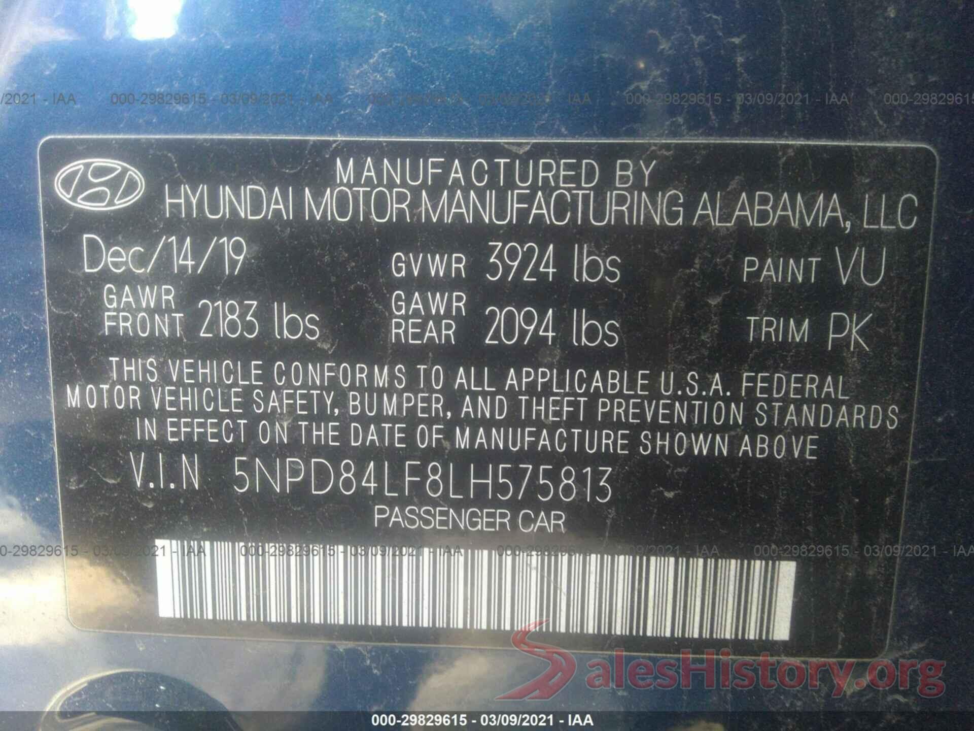 5NPD84LF8LH575813 2020 HYUNDAI ELANTRA