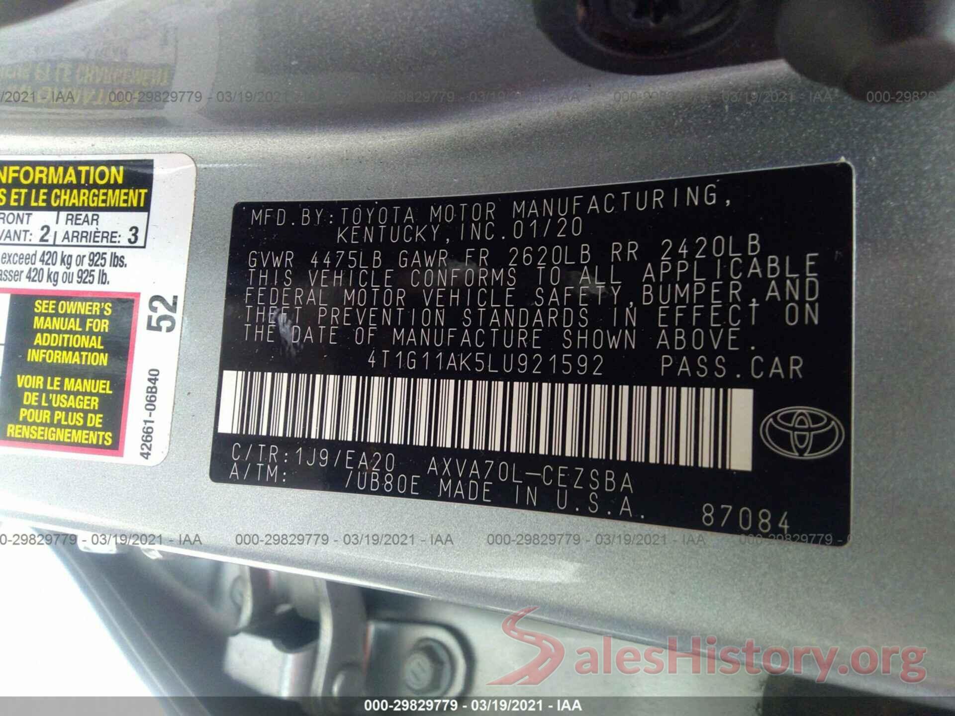 4T1G11AK5LU921592 2020 TOYOTA CAMRY