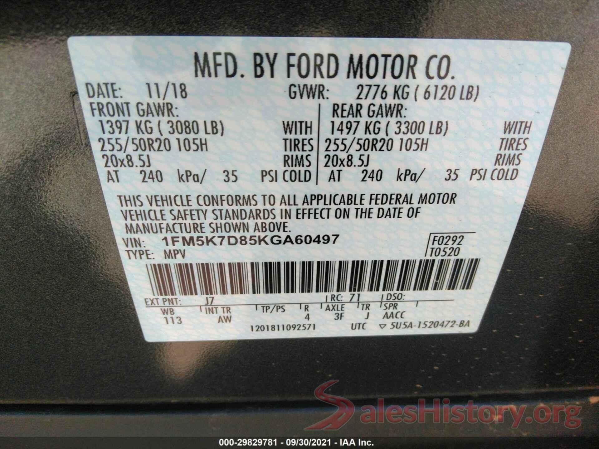 1FM5K7D85KGA60497 2019 FORD EXPLORER