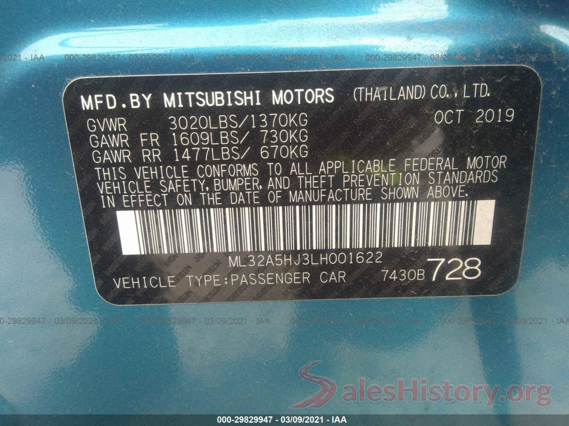 ML32A5HJ3LH001622 2020 MITSUBISHI MIRAGE