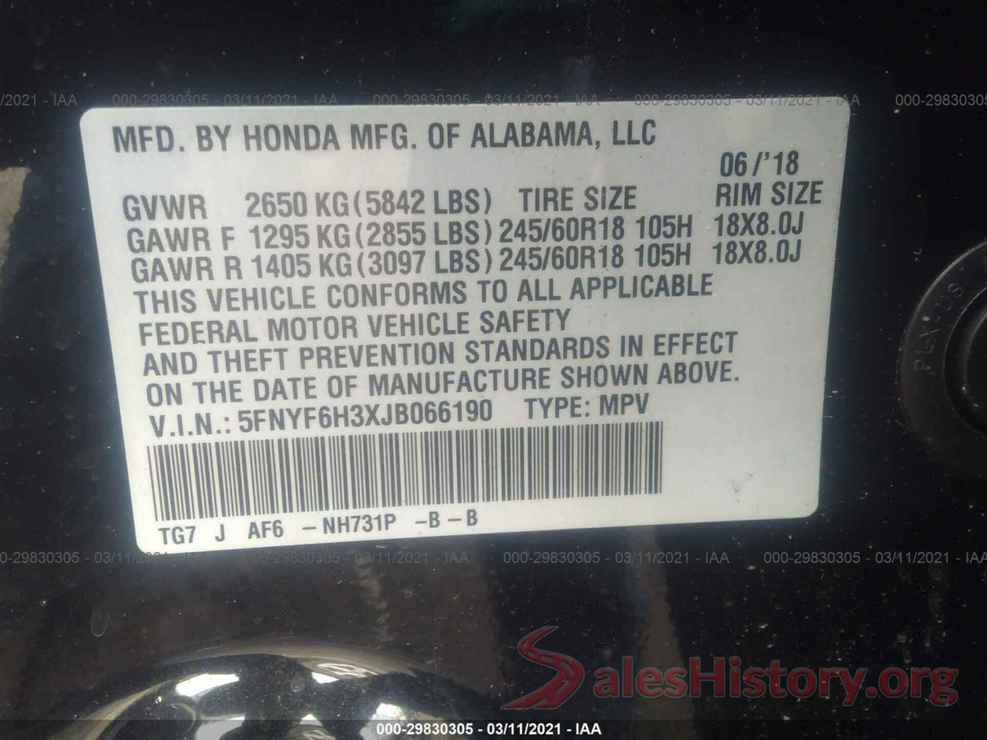 5FNYF6H3XJB066190 2018 HONDA PILOT