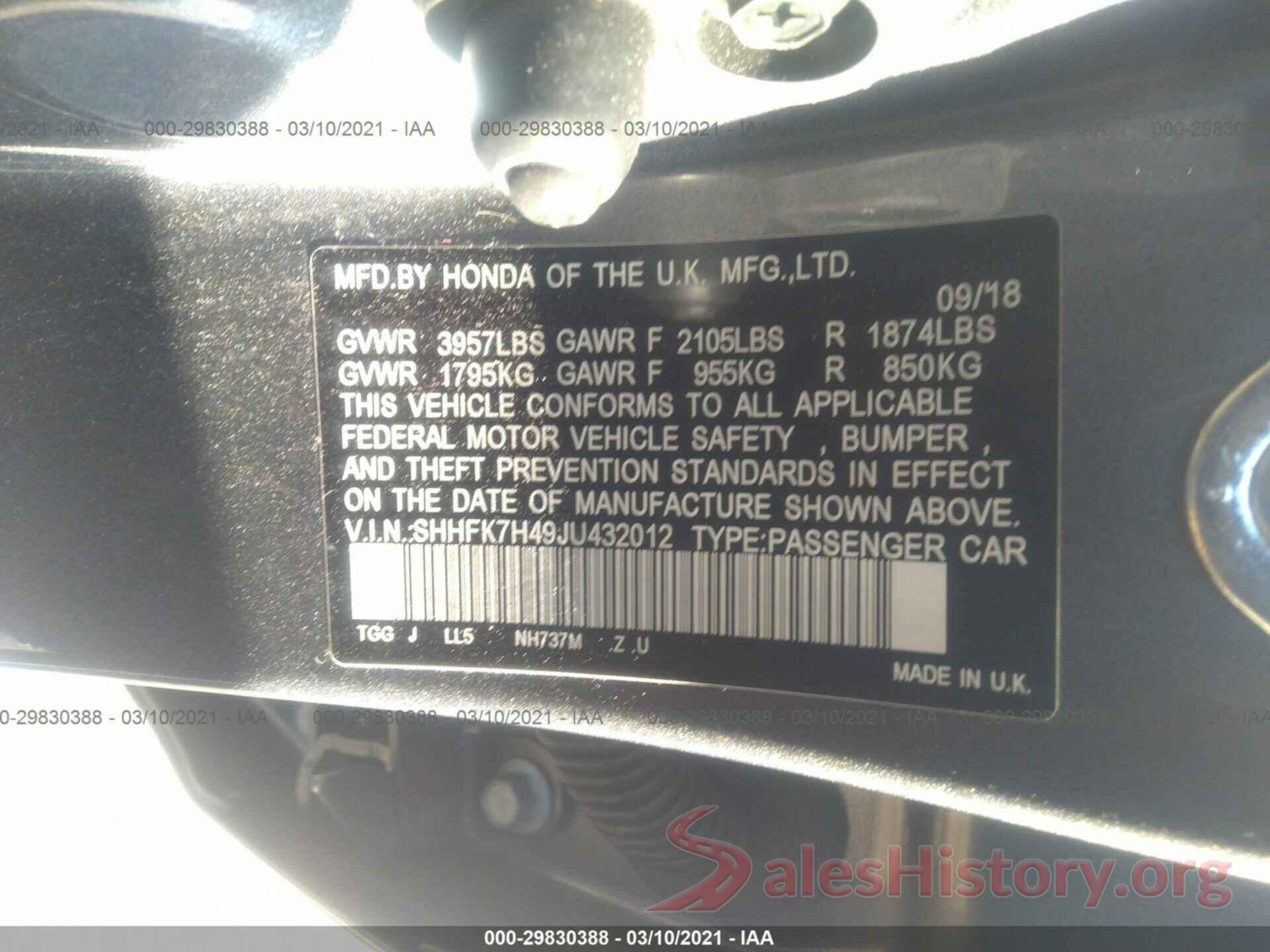 SHHFK7H49JU432012 2018 HONDA CIVIC HATCHBACK