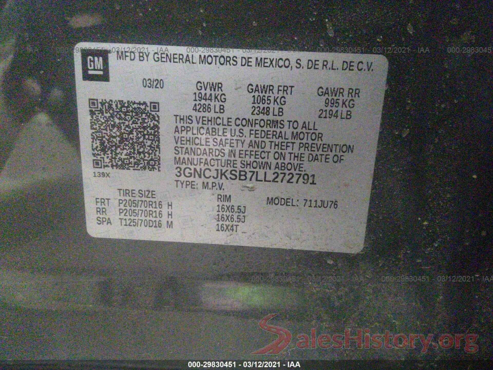 3GNCJKSB7LL272791 2020 CHEVROLET TRAX