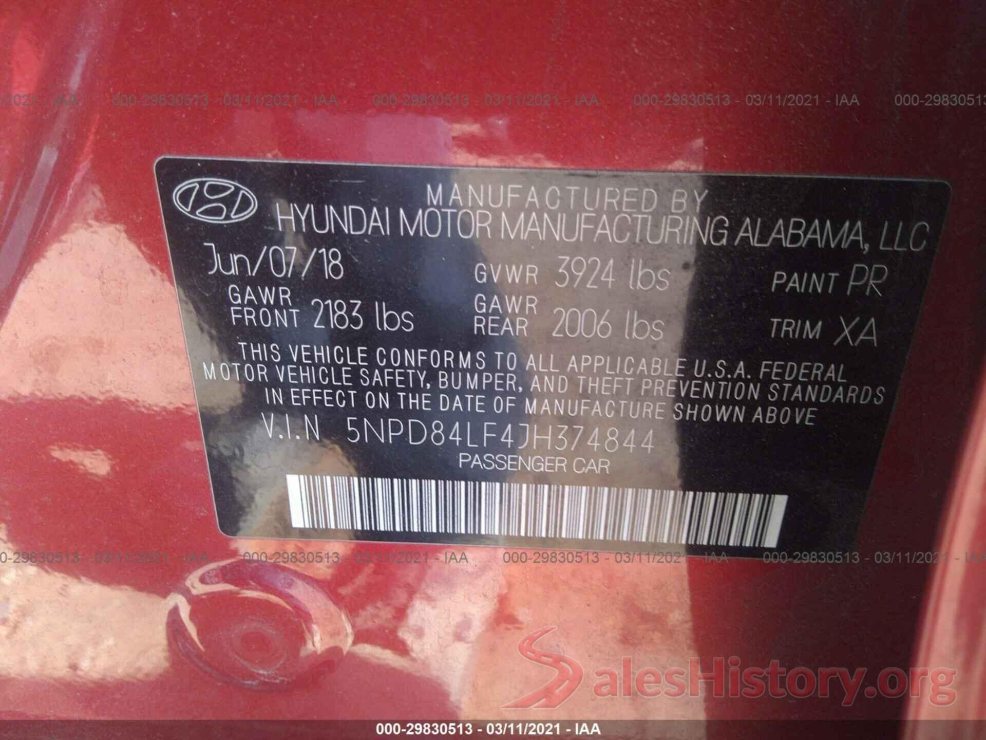 5NPD84LF4JH374844 2018 HYUNDAI ELANTRA