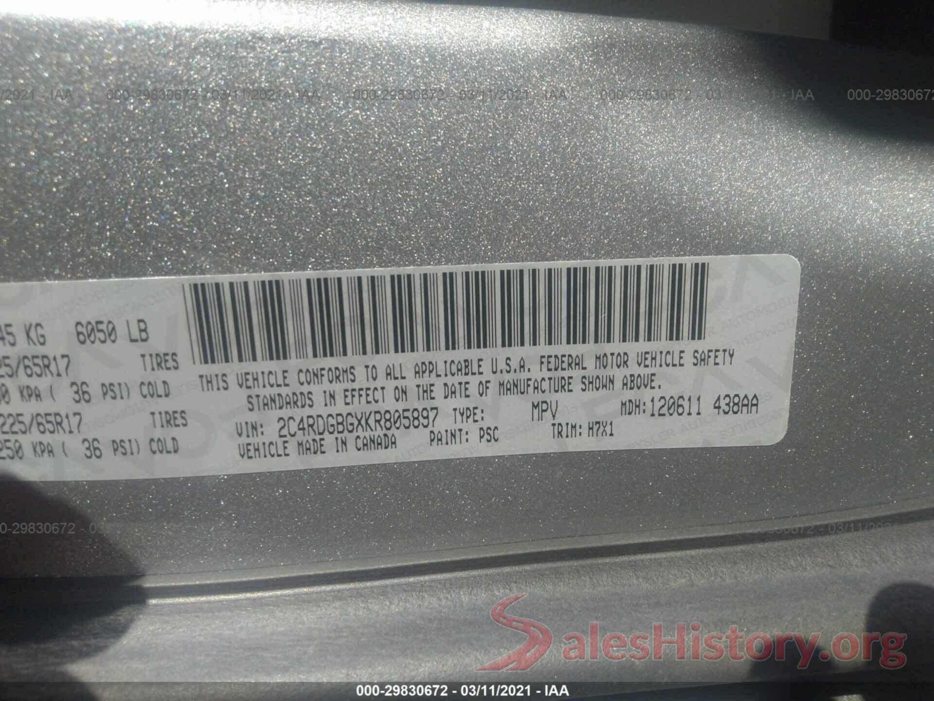 2C4RDGBGXKR805897 2019 DODGE GRAND CARAVAN