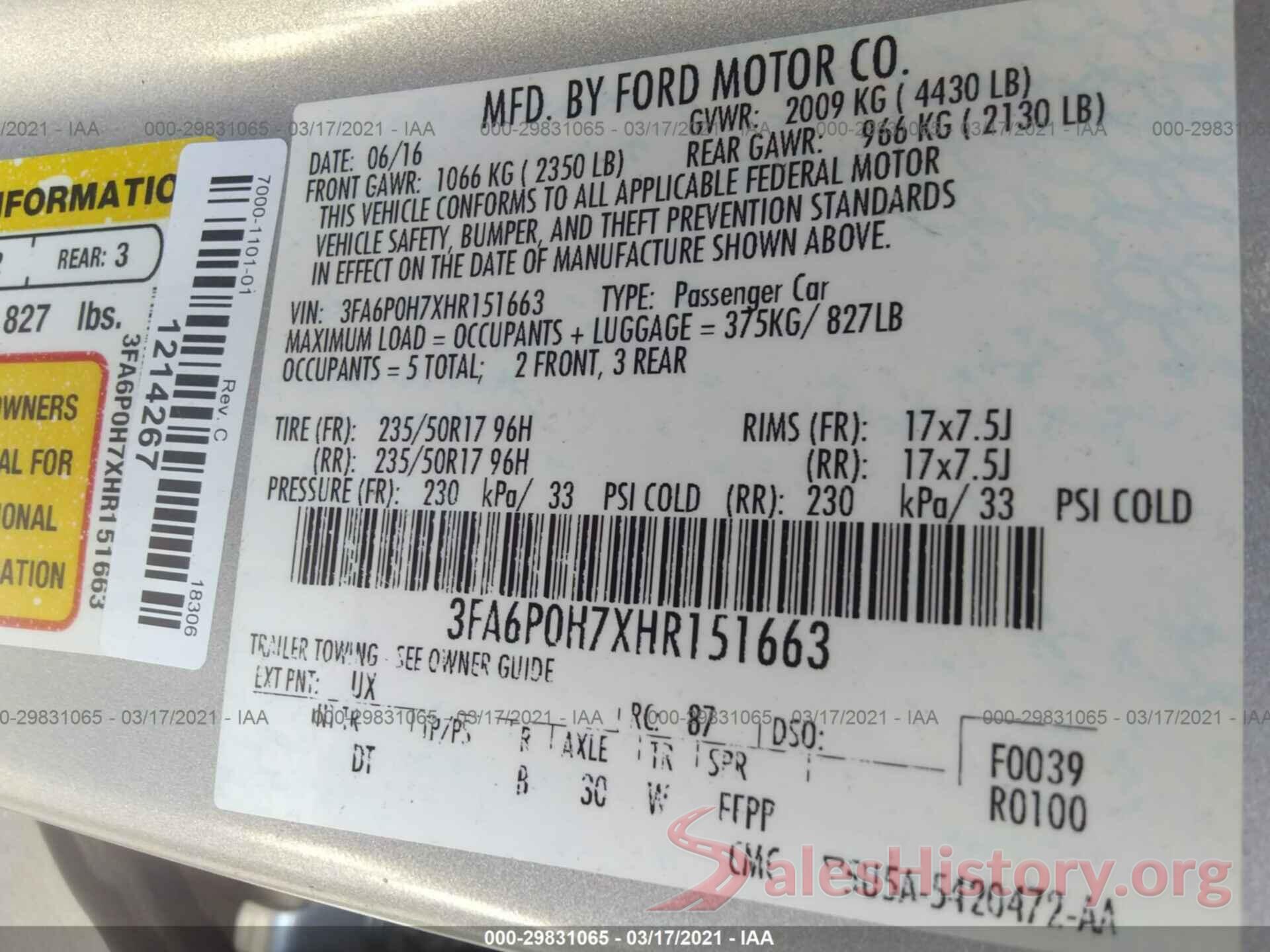 3FA6P0H7XHR151663 2017 FORD FUSION