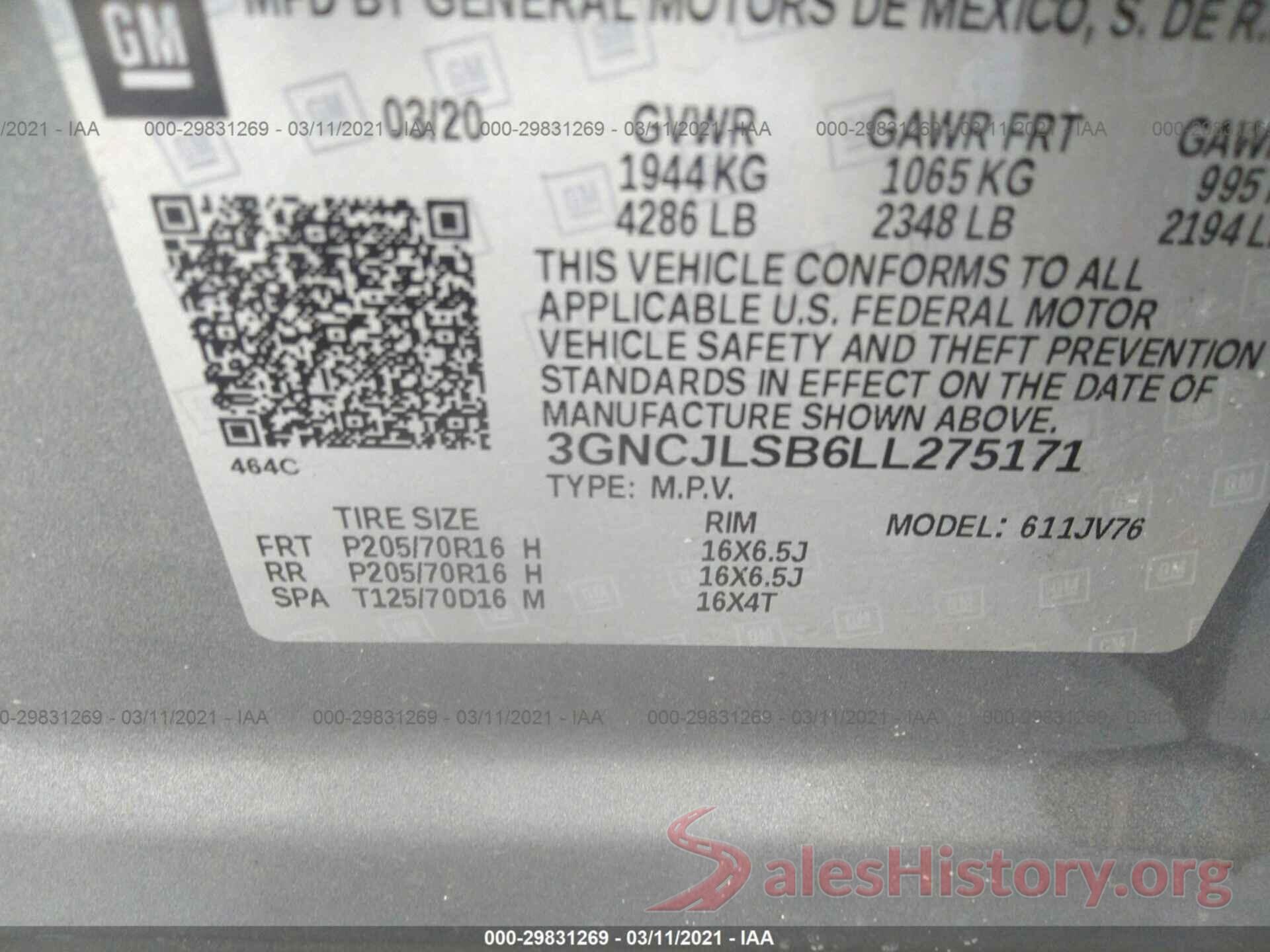 3GNCJLSB6LL275171 2020 CHEVROLET TRAX