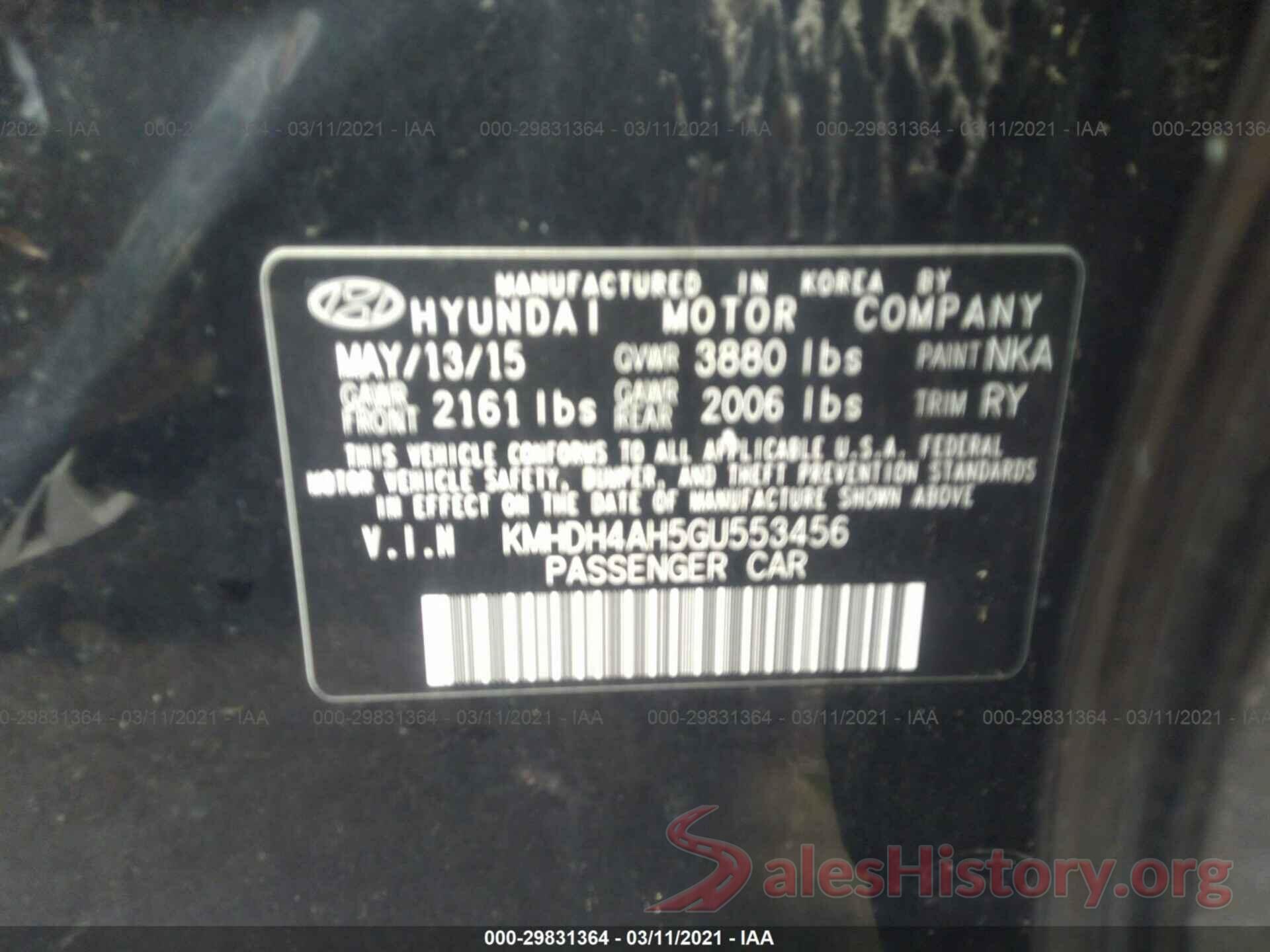 KMHDH4AH5GU553456 2016 HYUNDAI ELANTRA