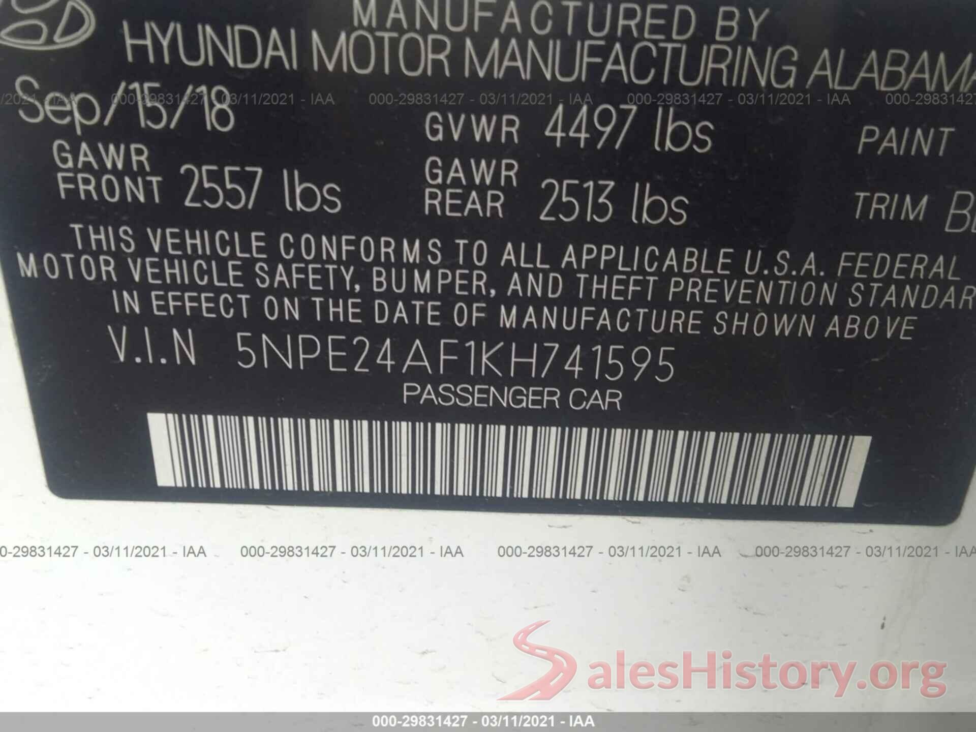 5NPE24AF1KH741595 2019 HYUNDAI SONATA