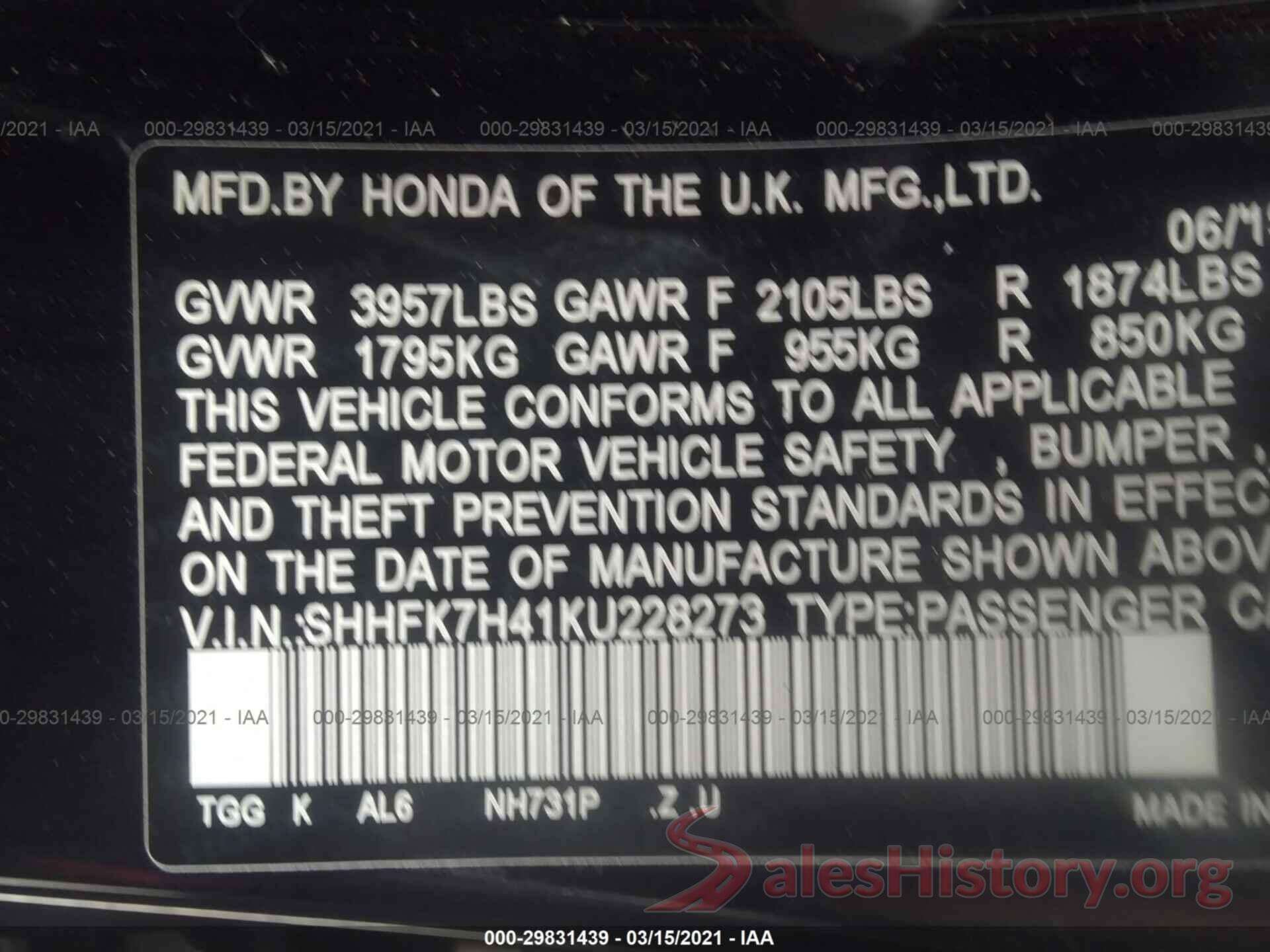 SHHFK7H41KU228273 2019 HONDA CIVIC HATCHBACK