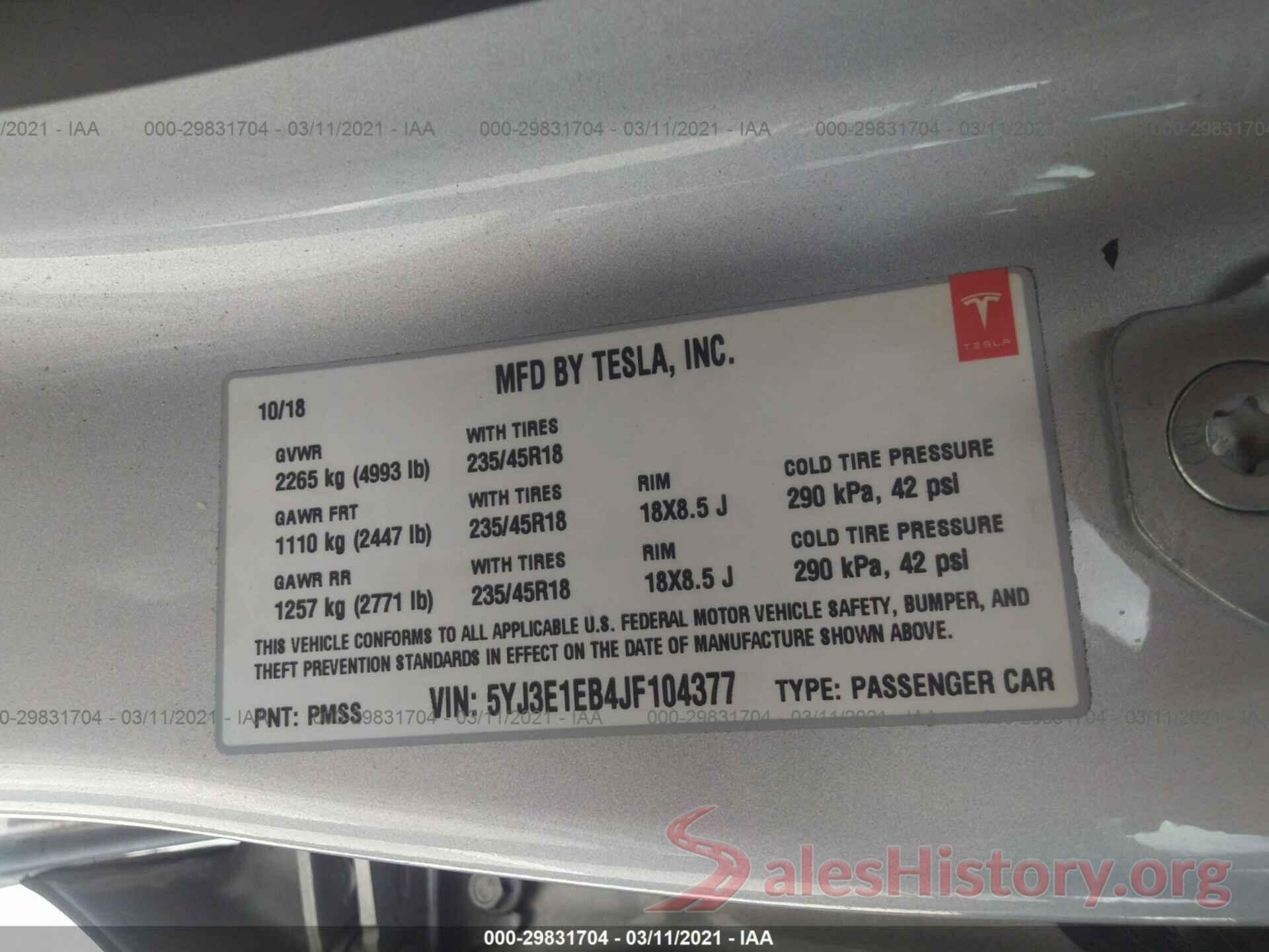 5YJ3E1EB4JF104377 2018 TESLA MODEL 3