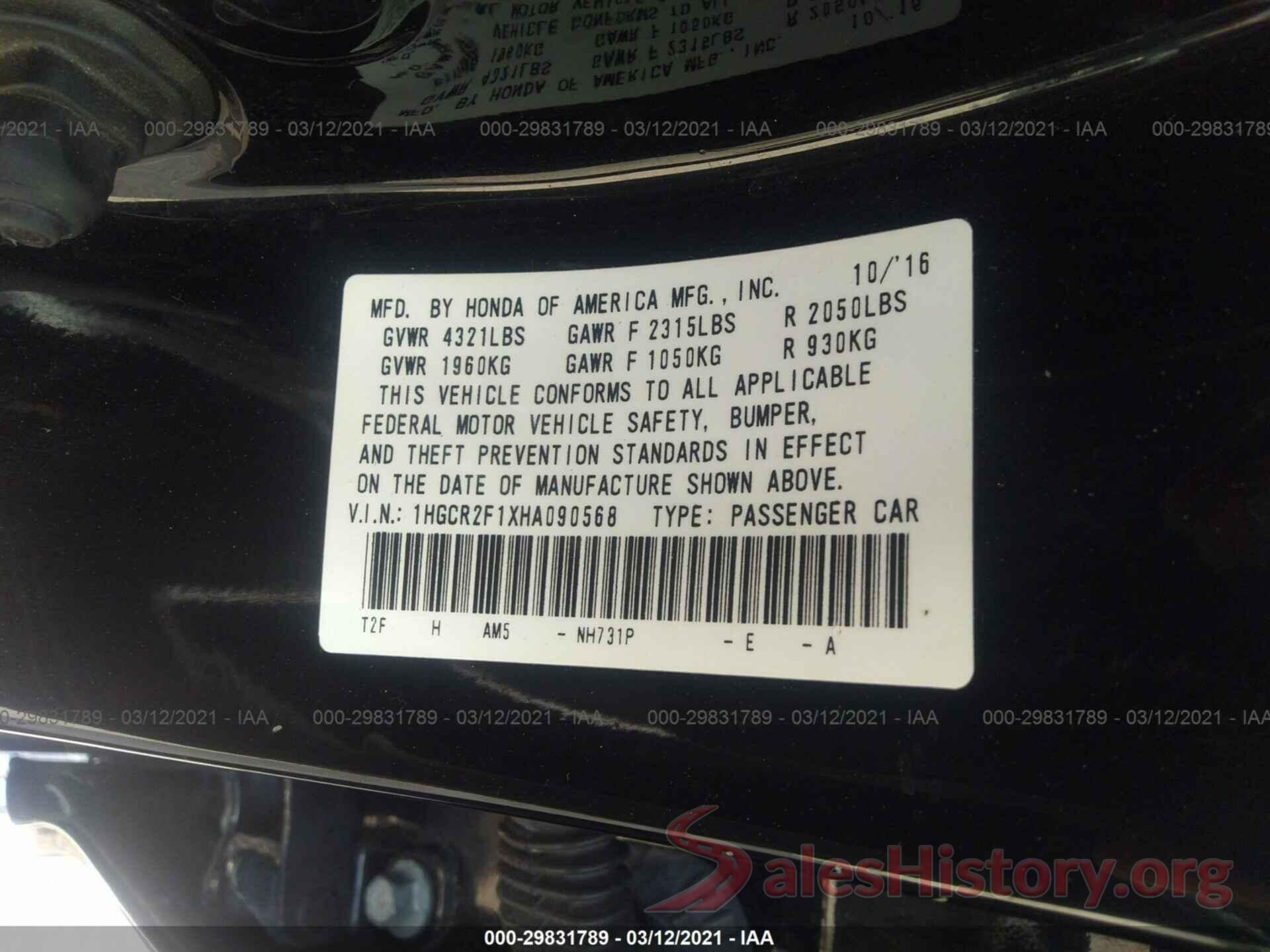 1HGCR2F1XHA090568 2017 HONDA ACCORD SEDAN