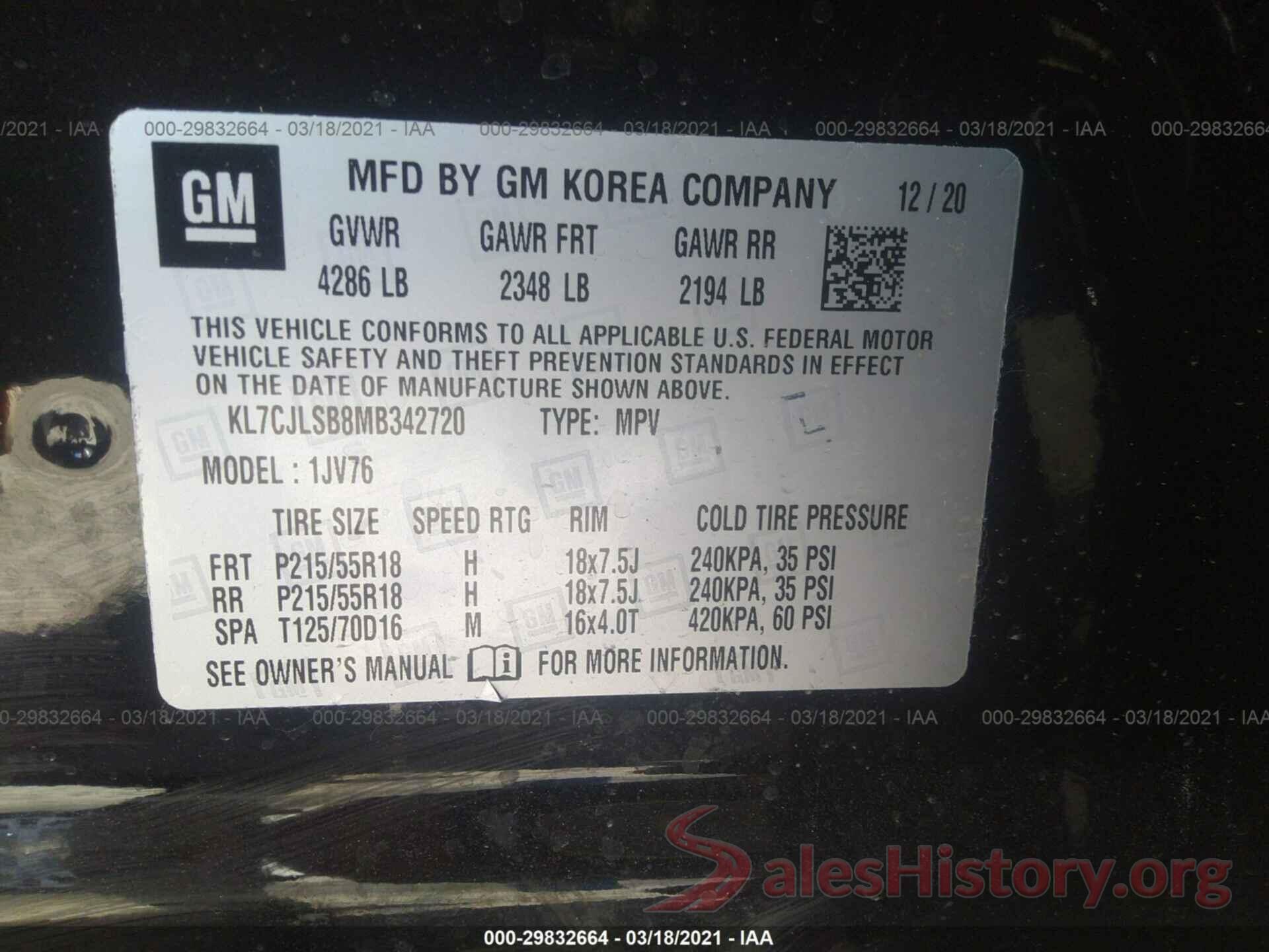 KL7CJLSB8MB342720 2021 CHEVROLET TRAX