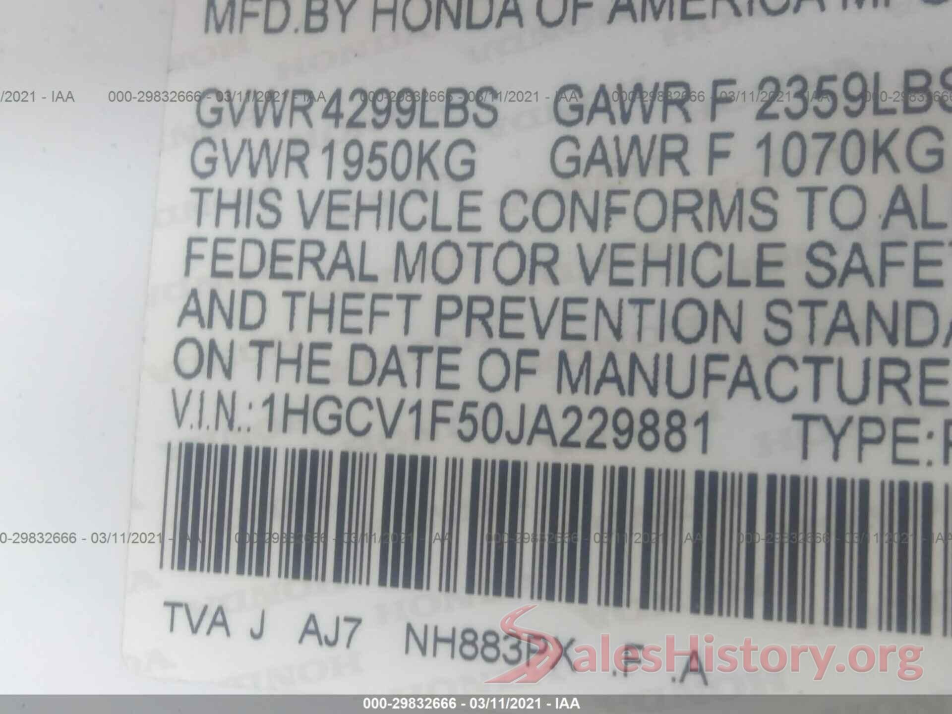 1HGCV1F50JA229881 2018 HONDA ACCORD SEDAN