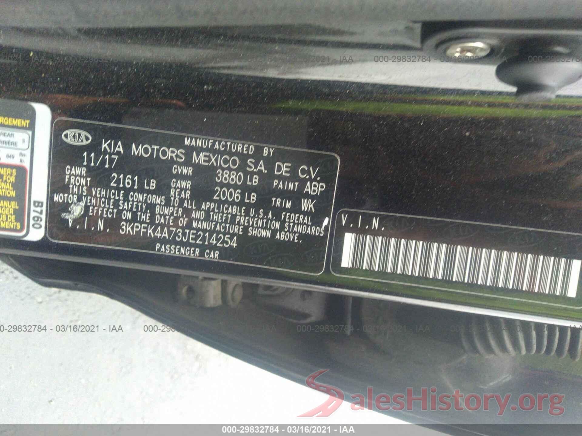 3KPFK4A73JE214254 2018 KIA FORTE