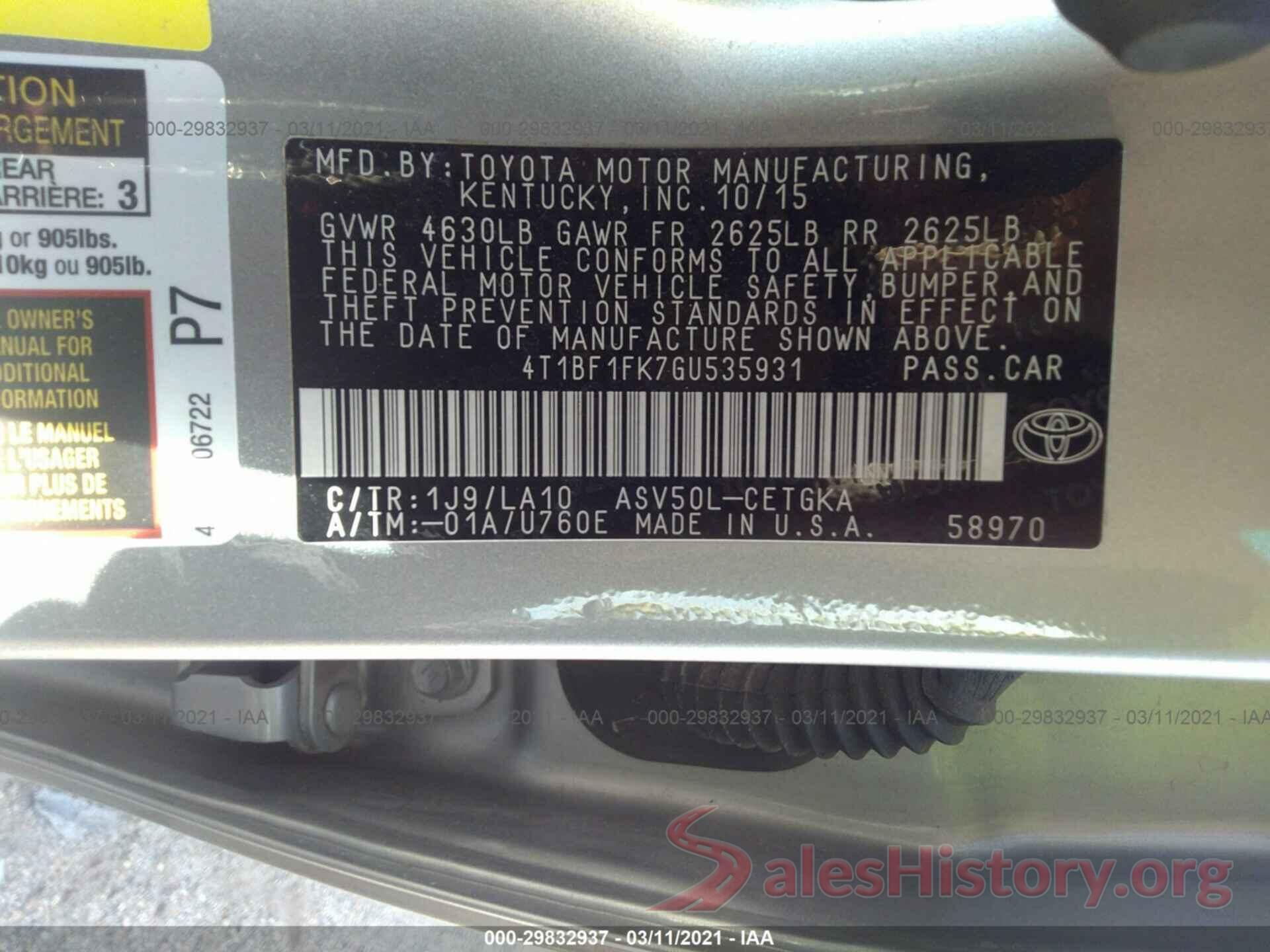 4T1BF1FK7GU535931 2016 TOYOTA CAMRY