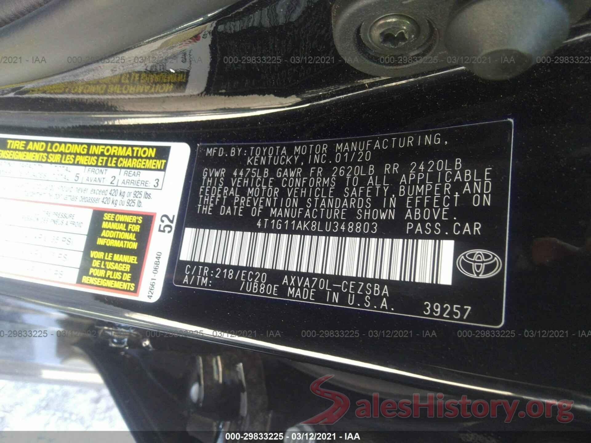 4T1G11AK8LU348803 2020 TOYOTA CAMRY