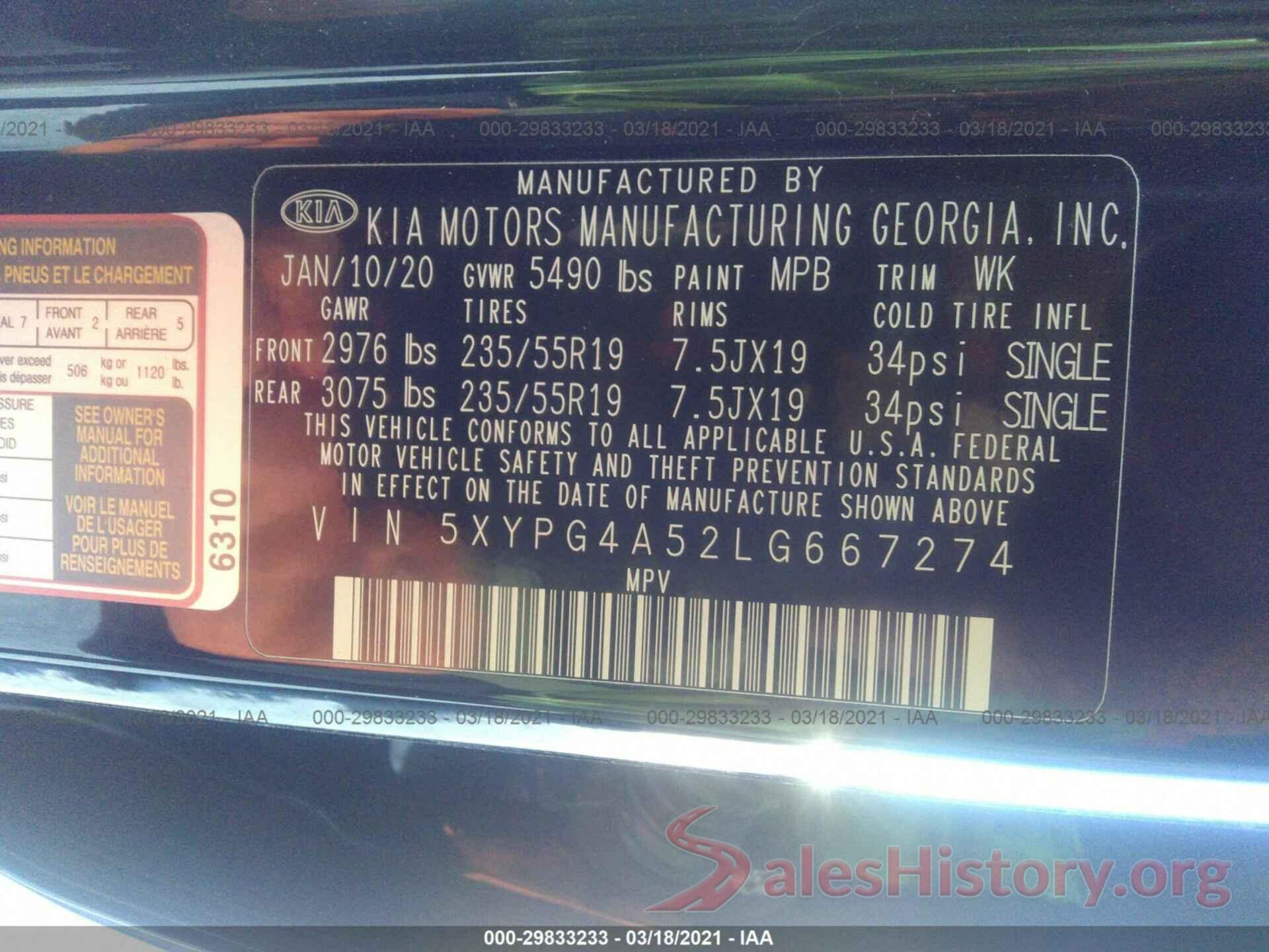 5XYPG4A52LG667274 2020 KIA SORENTO