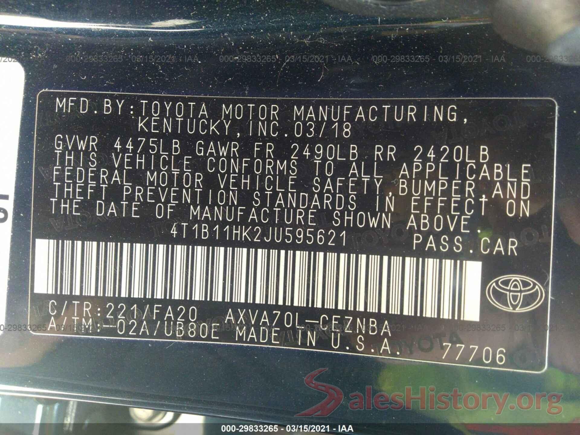 4T1B11HK2JU595621 2018 TOYOTA CAMRY