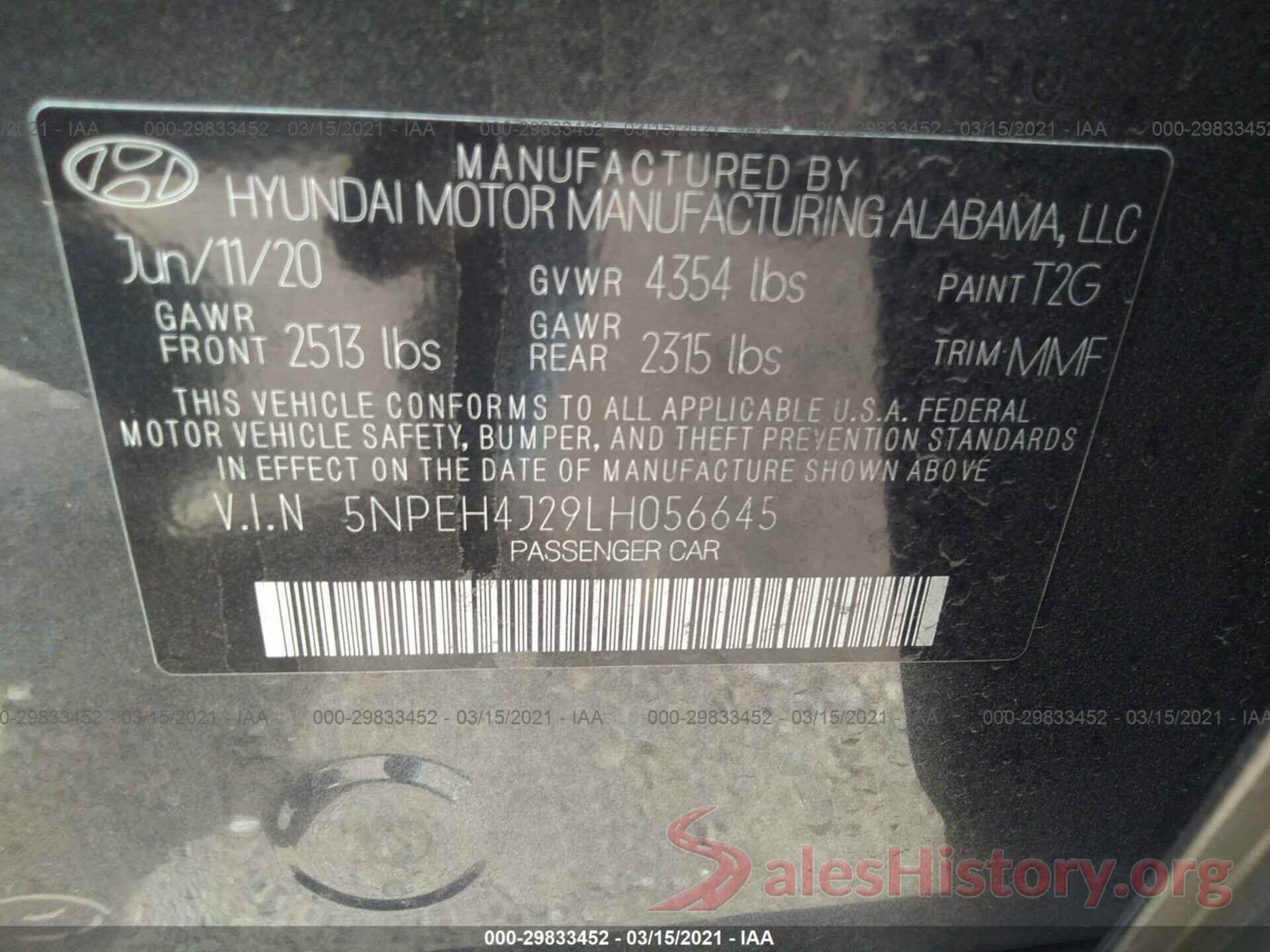 5NPEH4J29LH056645 2020 HYUNDAI SONATA