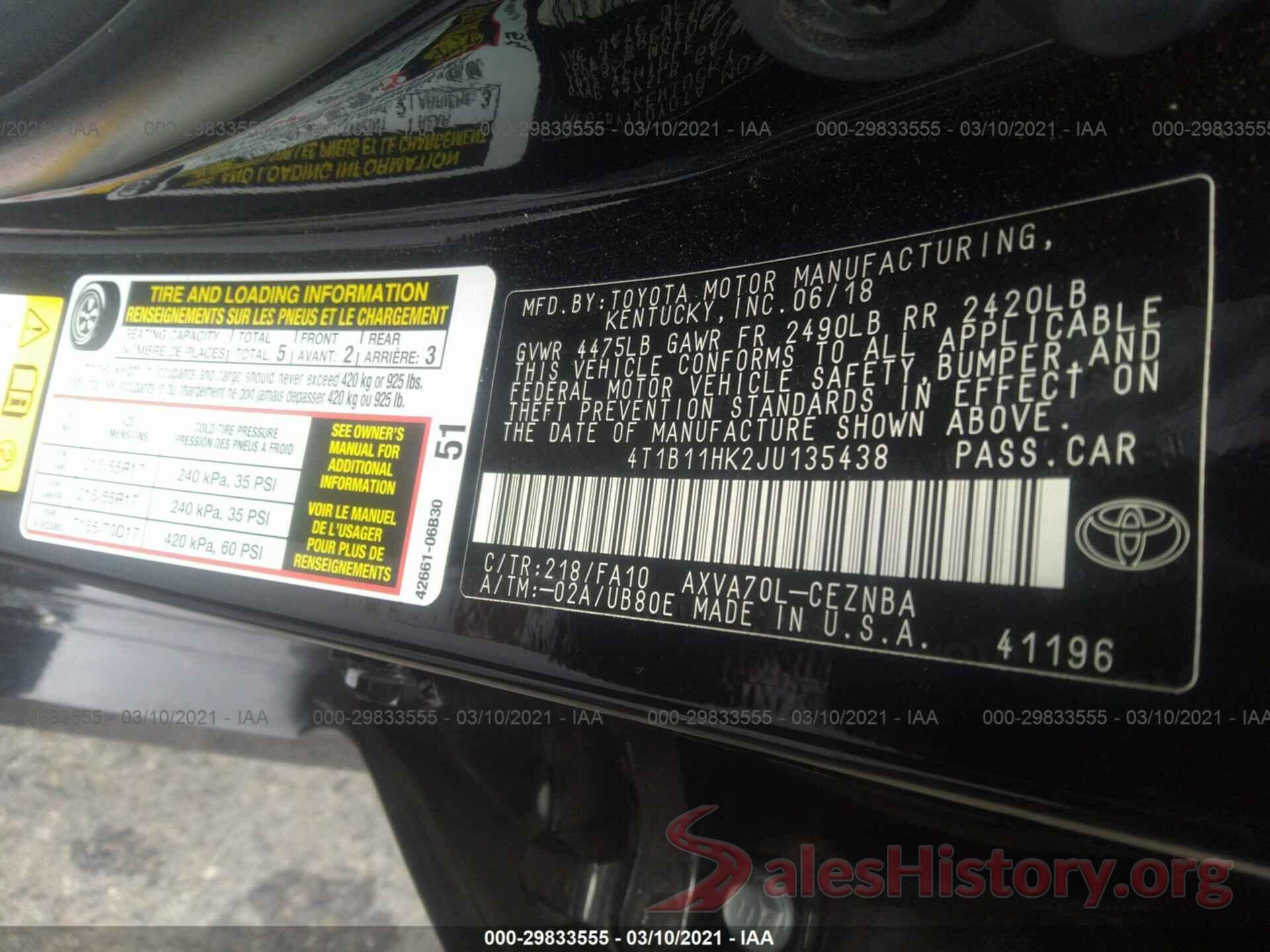 4T1B11HK2JU135438 2018 TOYOTA CAMRY