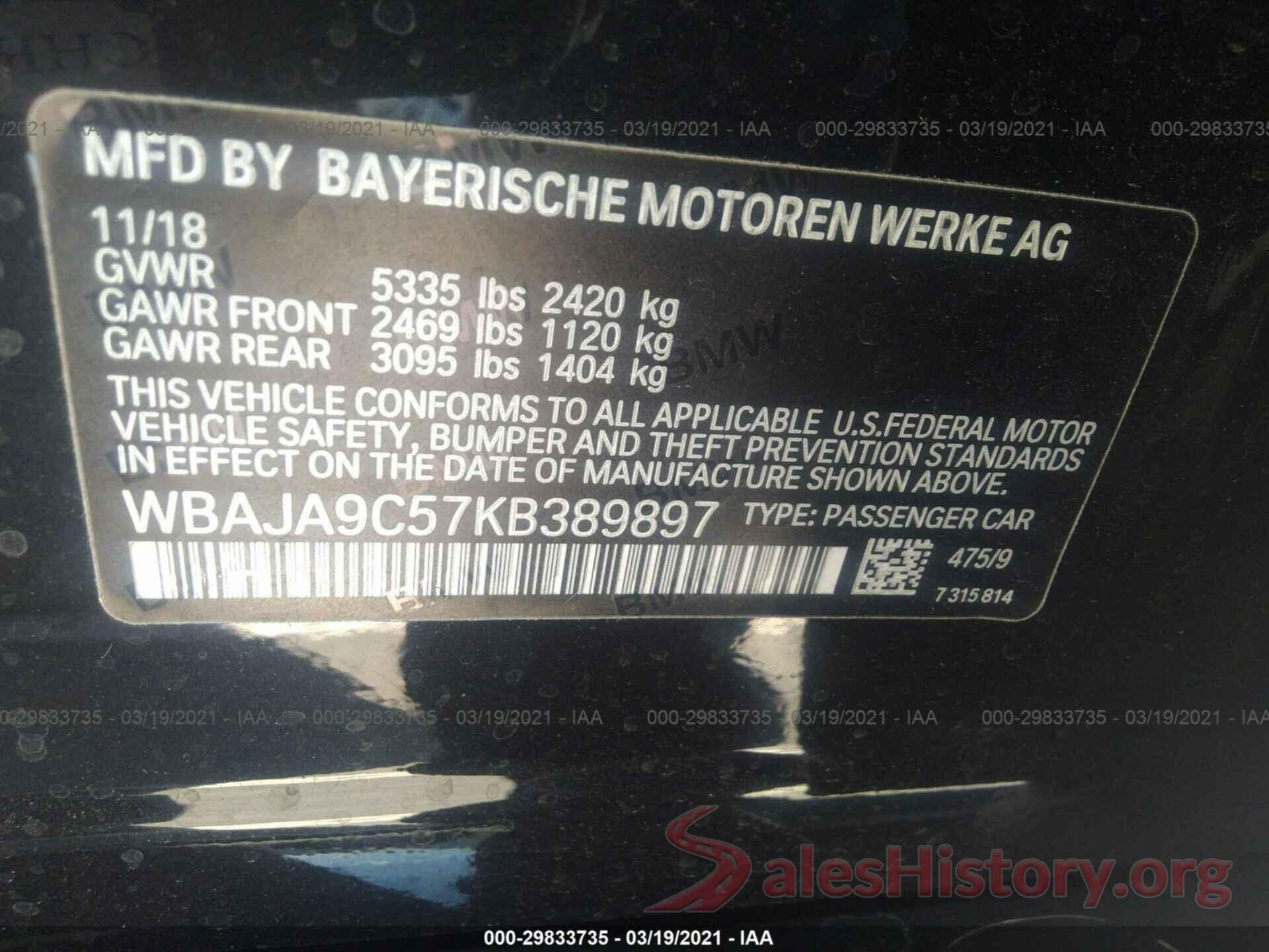 WBAJA9C57KB389897 2019 BMW 5 SERIES