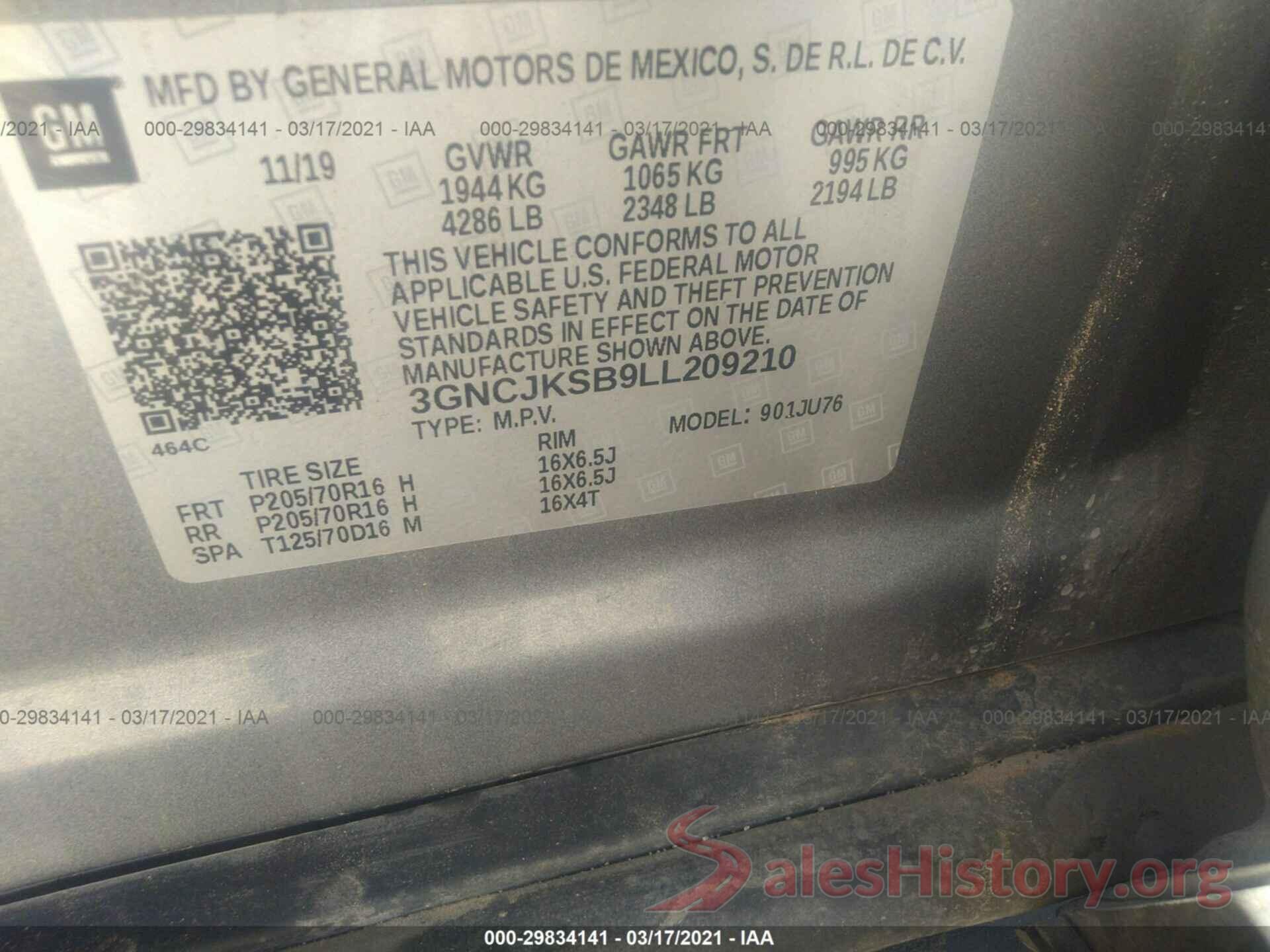 3GNCJKSB9LL209210 2020 CHEVROLET TRAX