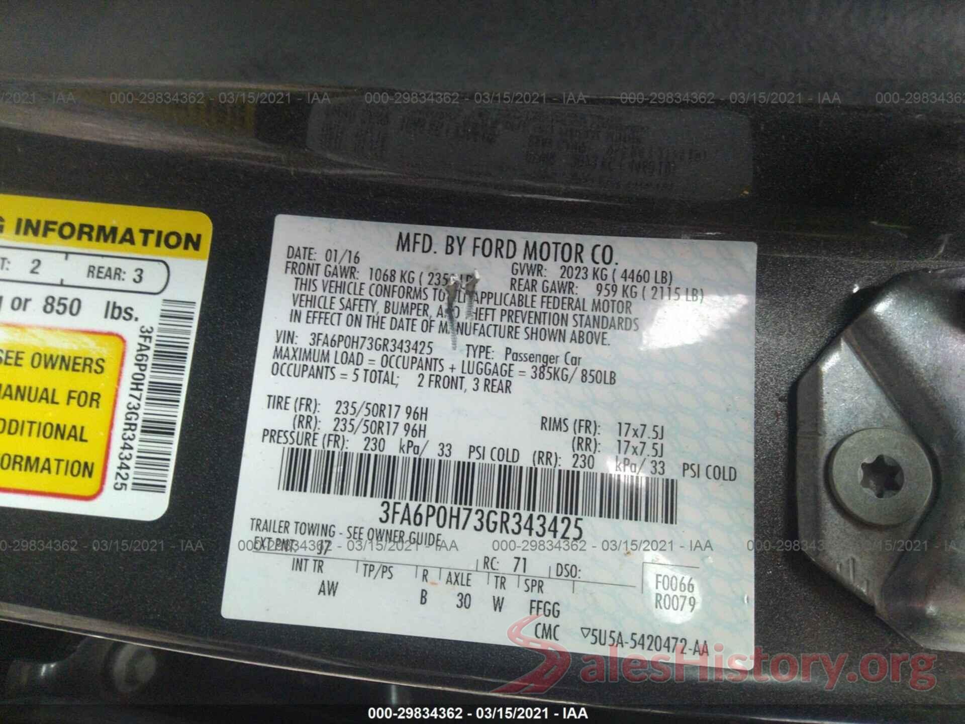 3FA6P0H73GR343425 2016 FORD FUSION