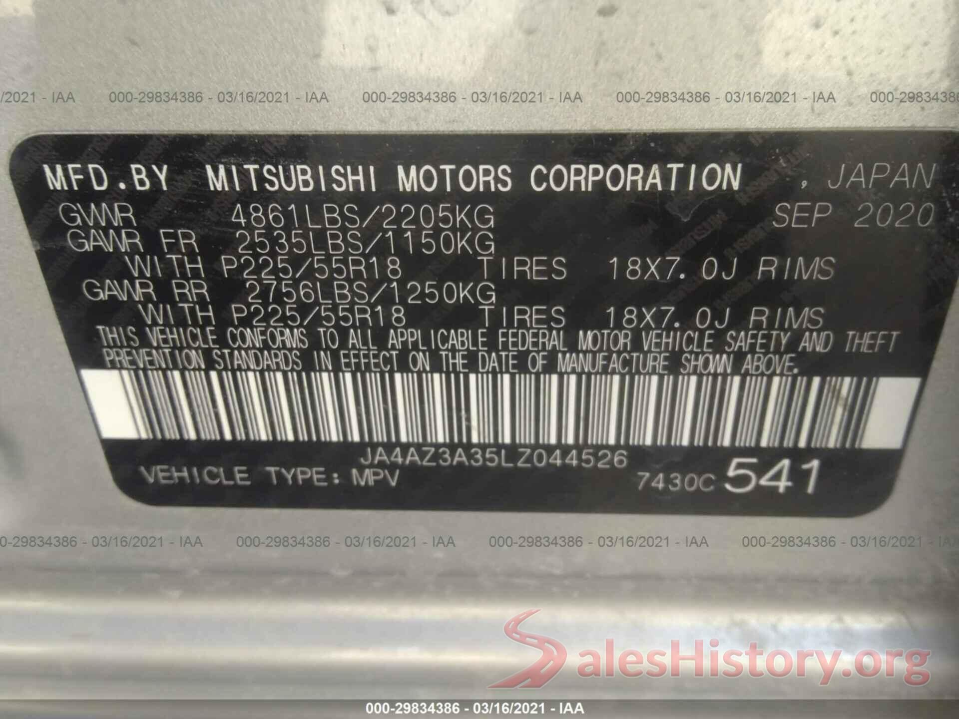 JA4AZ3A35LZ044526 2020 MITSUBISHI OUTLANDER