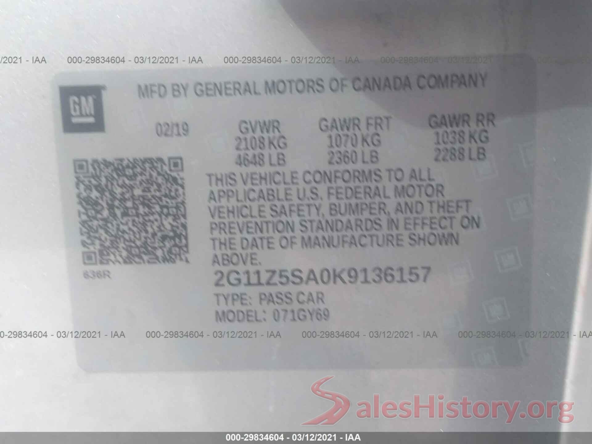 2G11Z5SA0K9136157 2019 CHEVROLET IMPALA