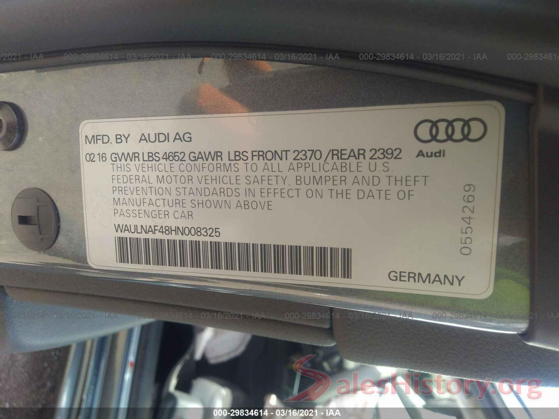 WAULNAF48HN008325 2017 AUDI A4