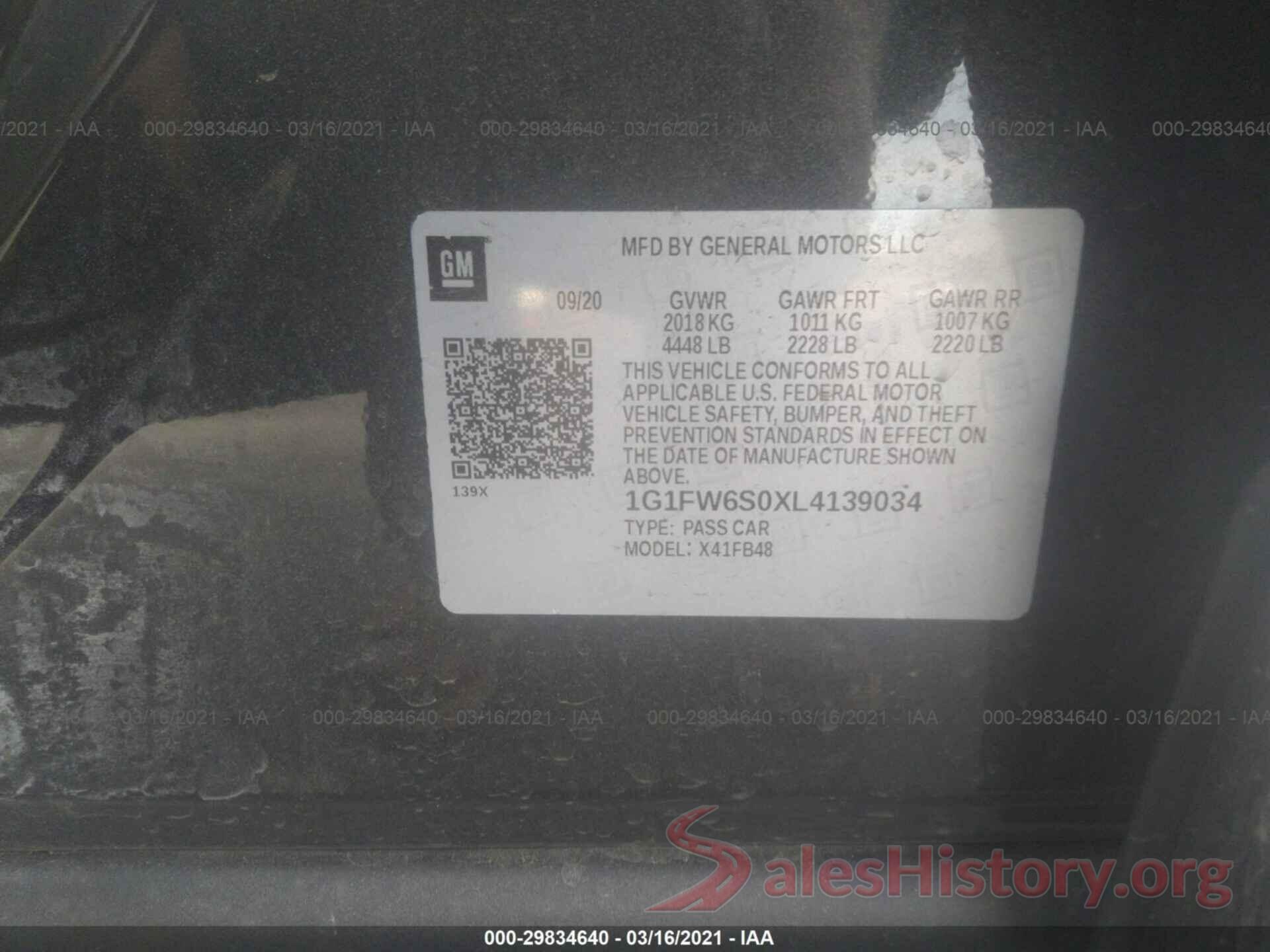 1G1FW6S0XL4139034 2020 CHEVROLET BOLT EV