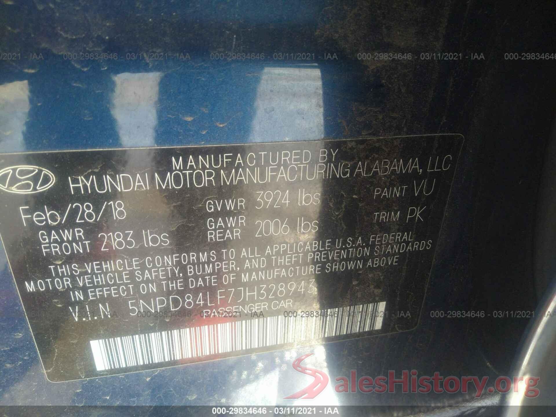 5NPD84LF7JH328943 2018 HYUNDAI ELANTRA