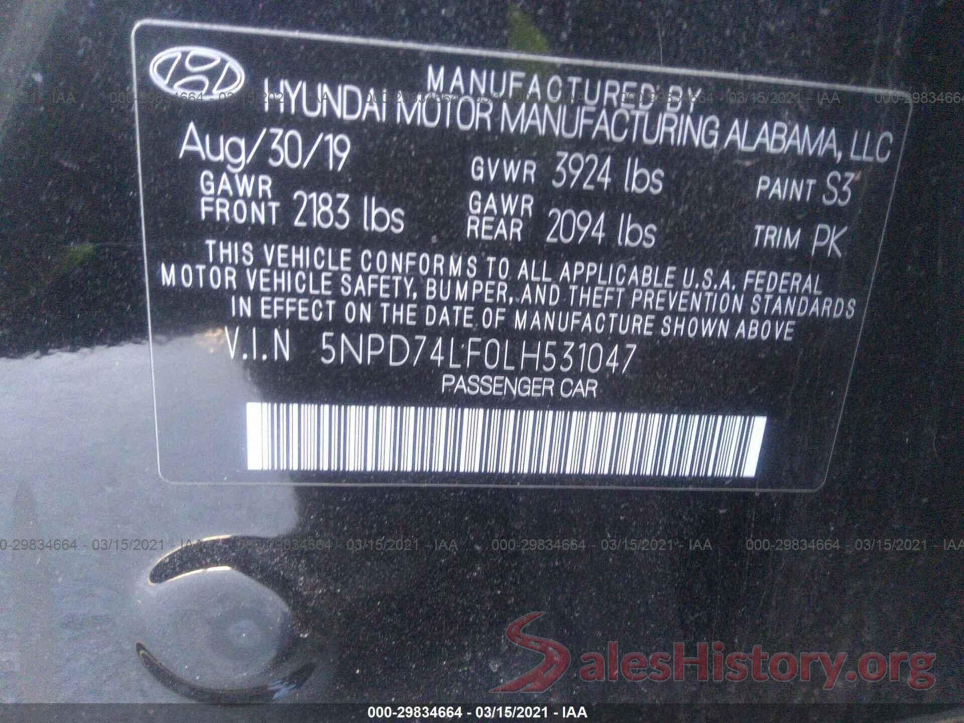 5NPD74LF0LH531047 2020 HYUNDAI ELANTRA