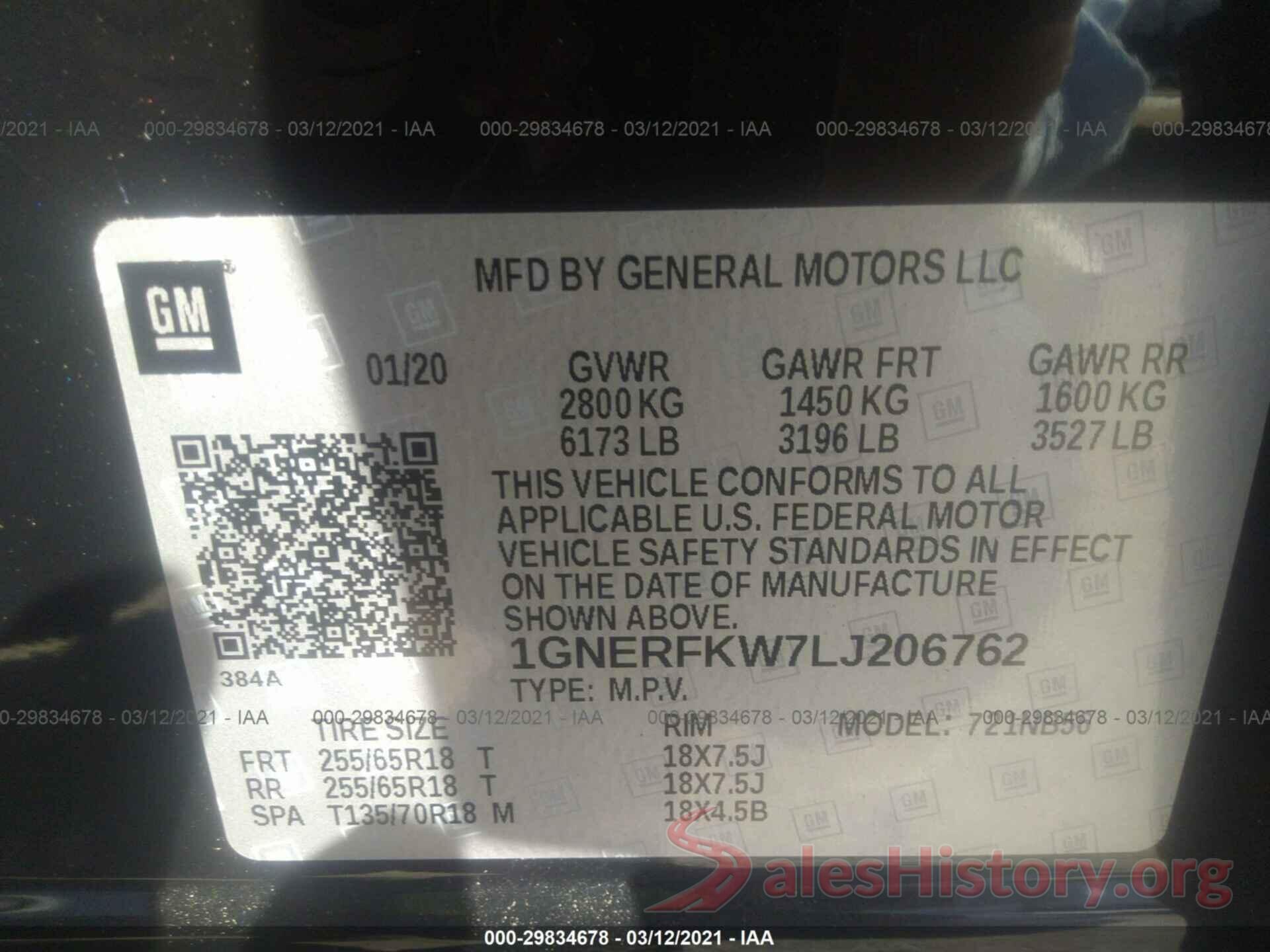 1GNERFKW7LJ206762 2020 CHEVROLET TRAVERSE