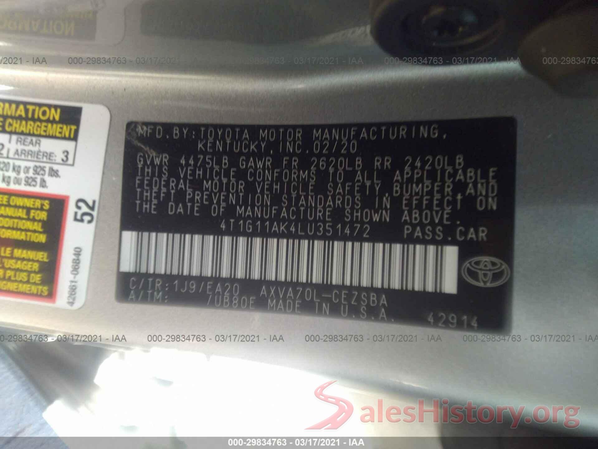 4T1G11AK4LU351472 2020 TOYOTA CAMRY