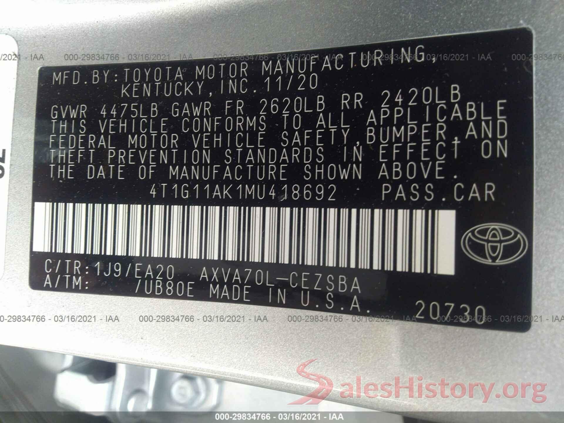 4T1G11AK1MU418692 2021 TOYOTA CAMRY