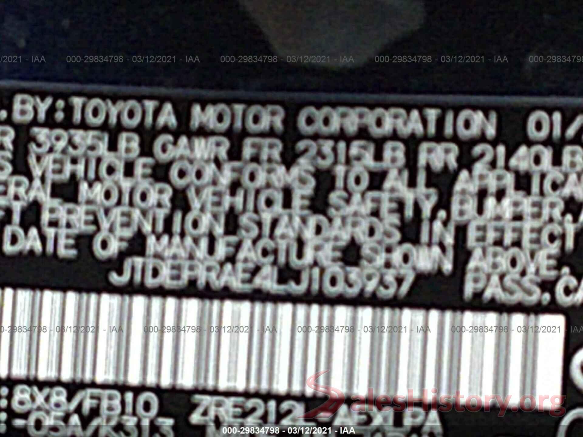 JTDEPRAE4LJ103937 2020 TOYOTA COROLLA