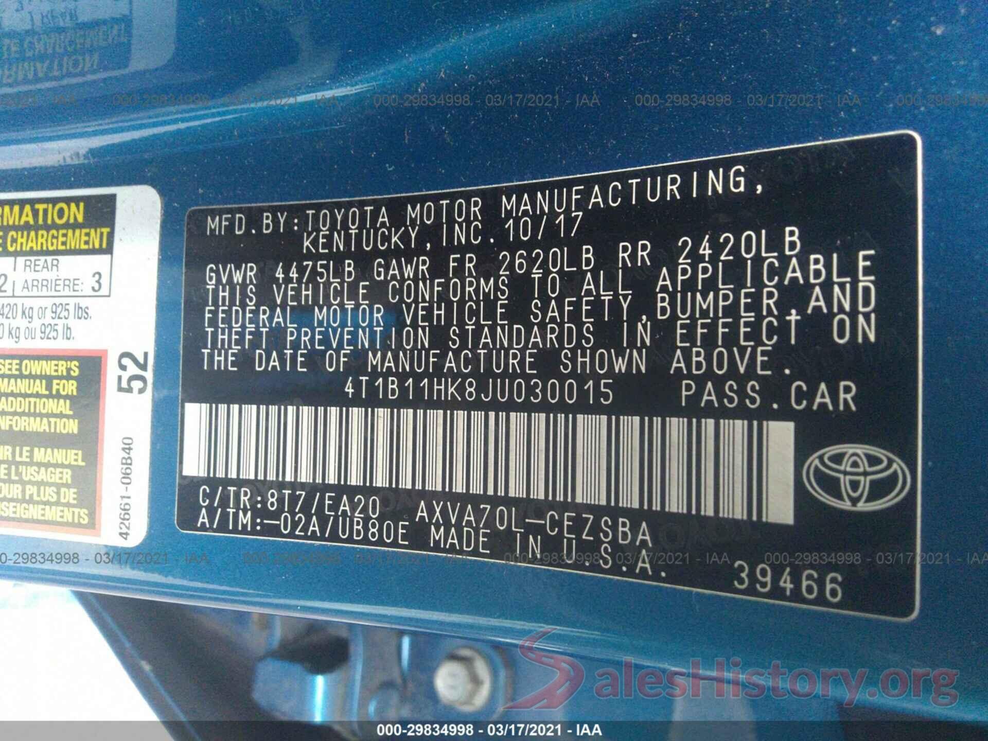 4T1B11HK8JU030015 2018 TOYOTA CAMRY