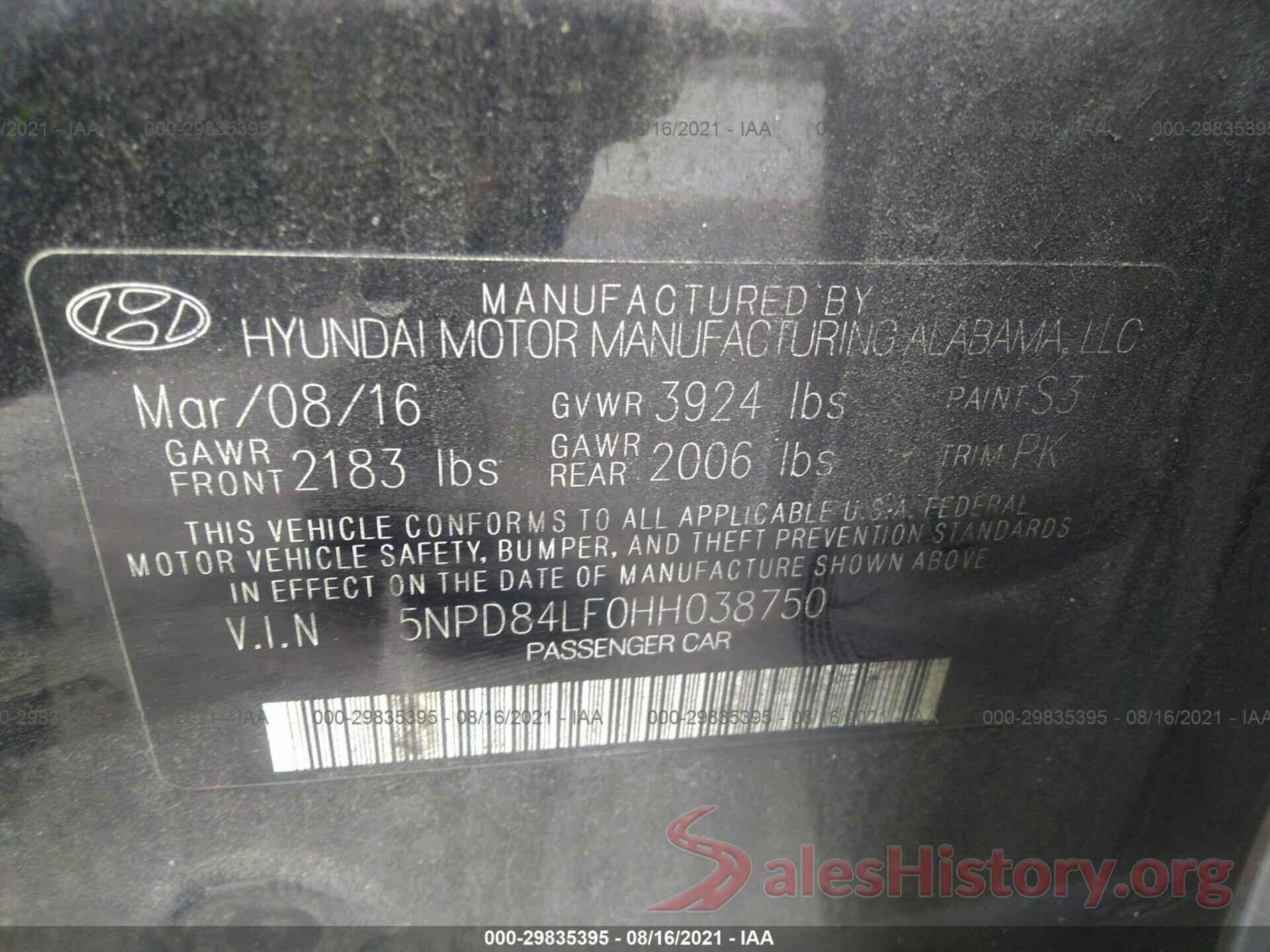 5NPD84LF0HH038750 2017 HYUNDAI ELANTRA