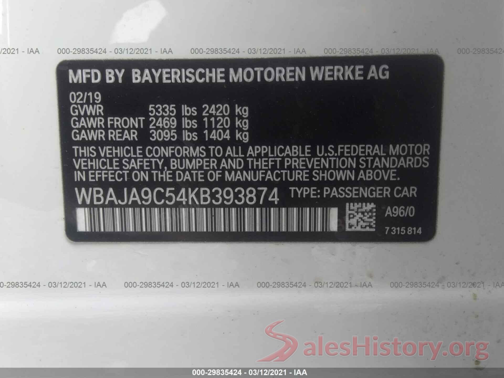 WBAJA9C54KB393874 2019 BMW 5 SERIES